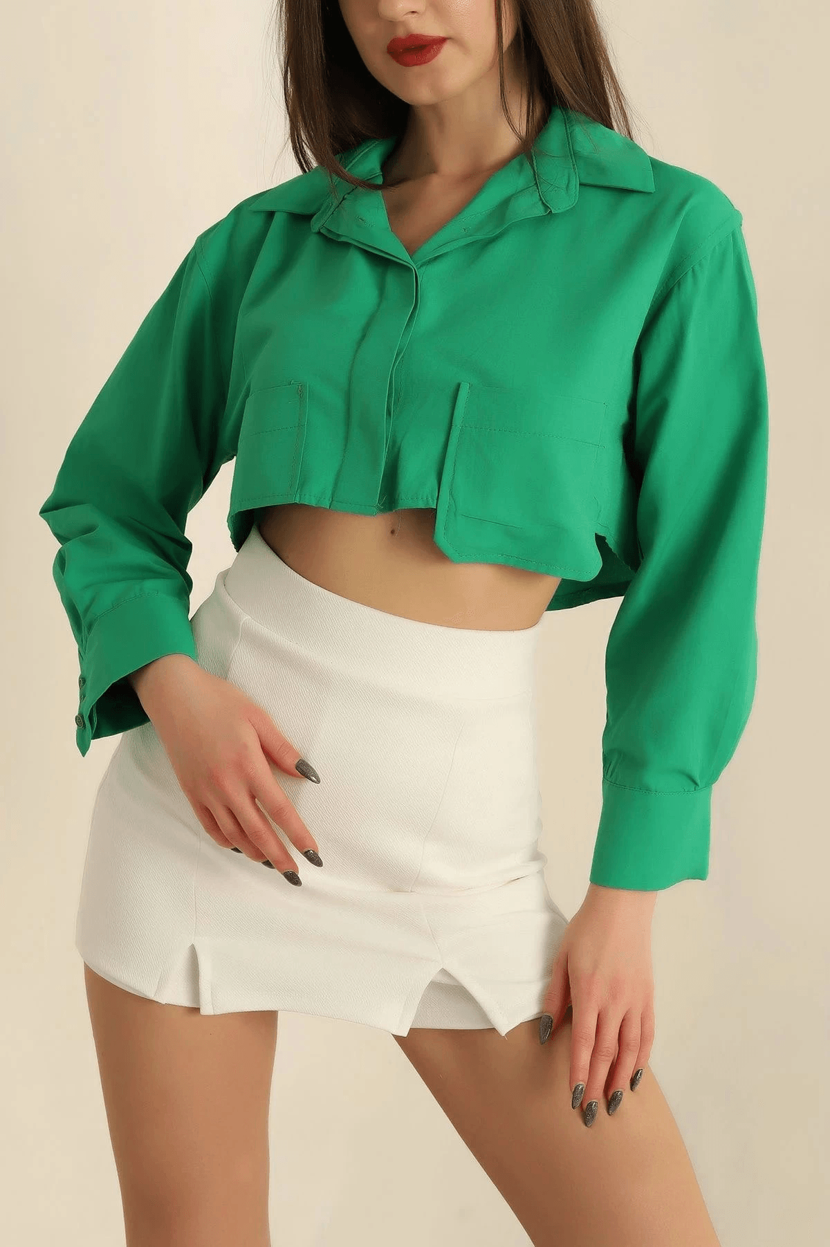 Poplin crop gömlek yeşil s3060