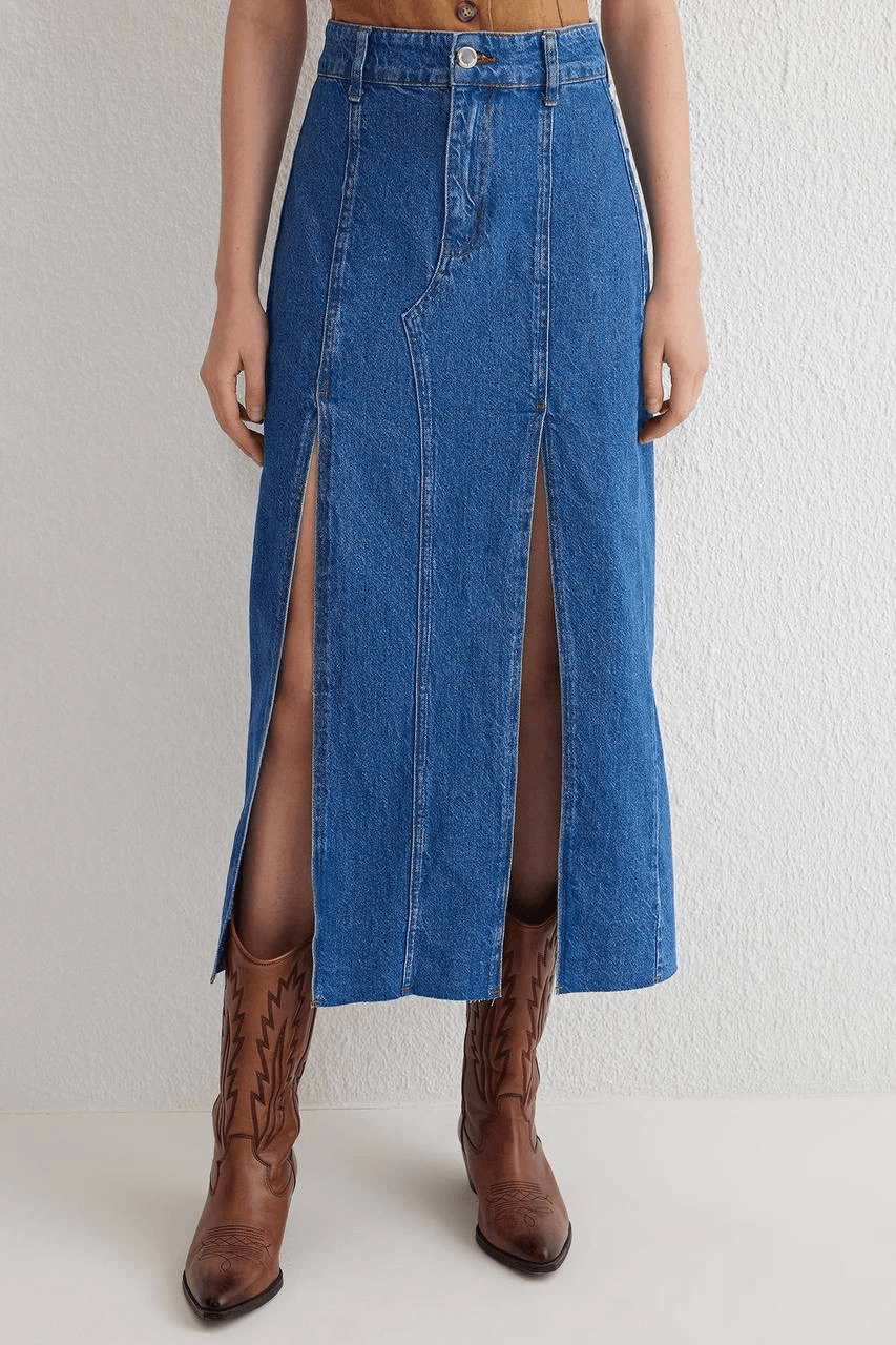 Çift yırtmaçlı jean etek s140