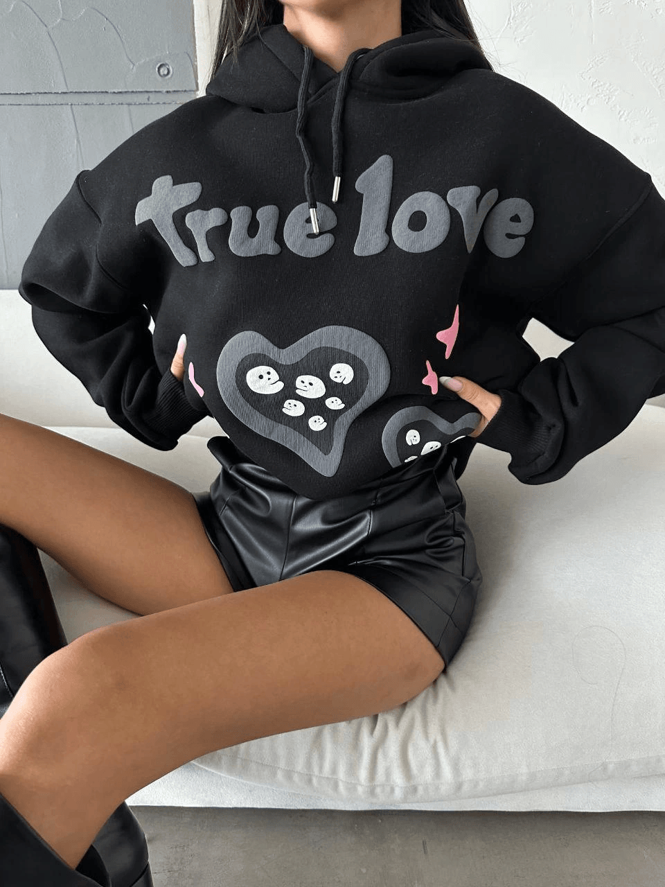 3 iplik şardonlu oversize compact true baskılı sweat siyah