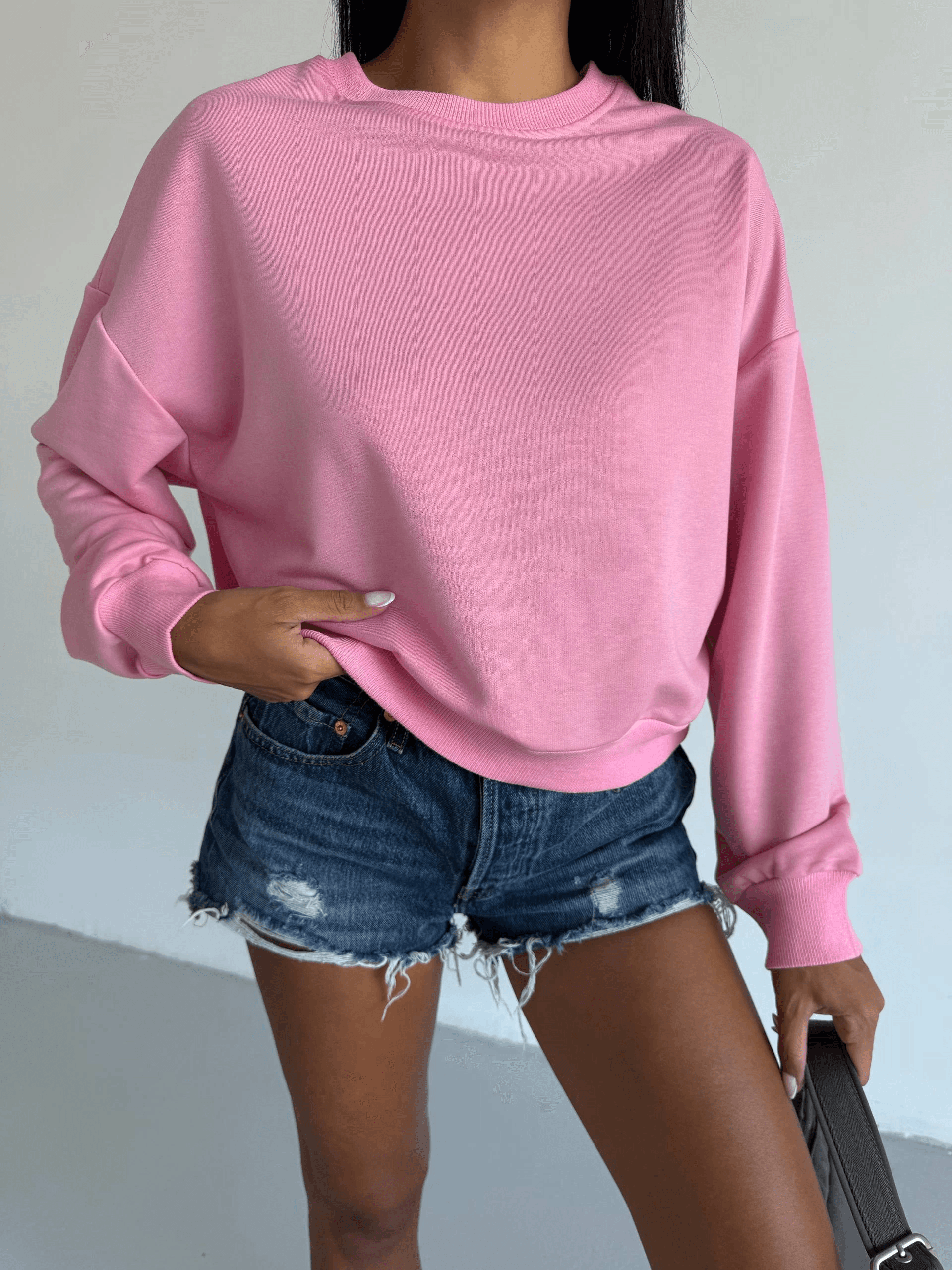 2 iplik bisiklet yaka sweat pembe f2339