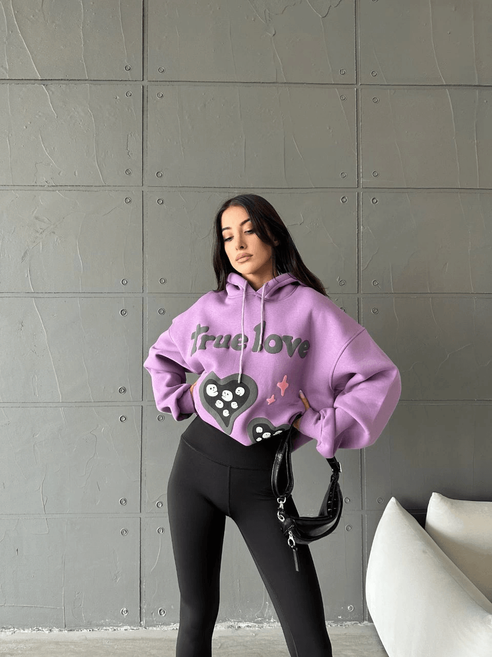 3 iplik şardonlu oversize  true baskılı sweat mor