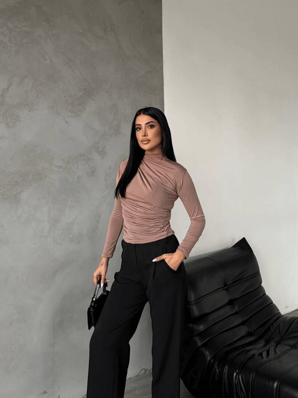 Yarım boğazlı bluz vizon f2245