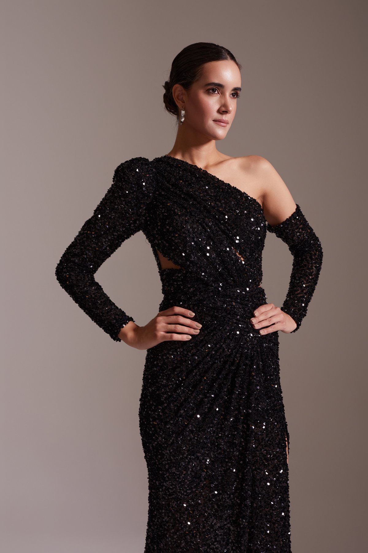 One Shoulder Sequined Slit Long Evening Dress Black
