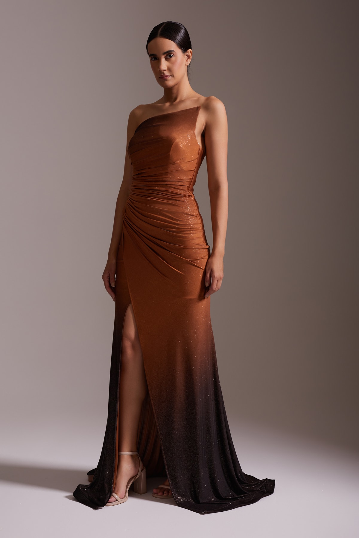One Shoulder Asymmetrical Slit Gradient Evening Dress Brown-Black