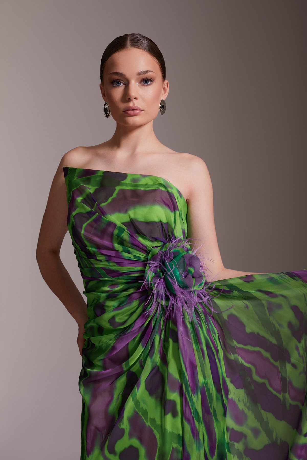 Patterned One Shoulder Flower Detailed Chiffon Evening Dress Green Purple