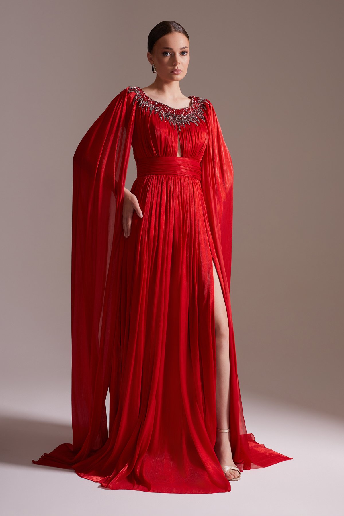 Stone Embroidered Cape Sleeve Slit Chiffon Evening Dress Red
