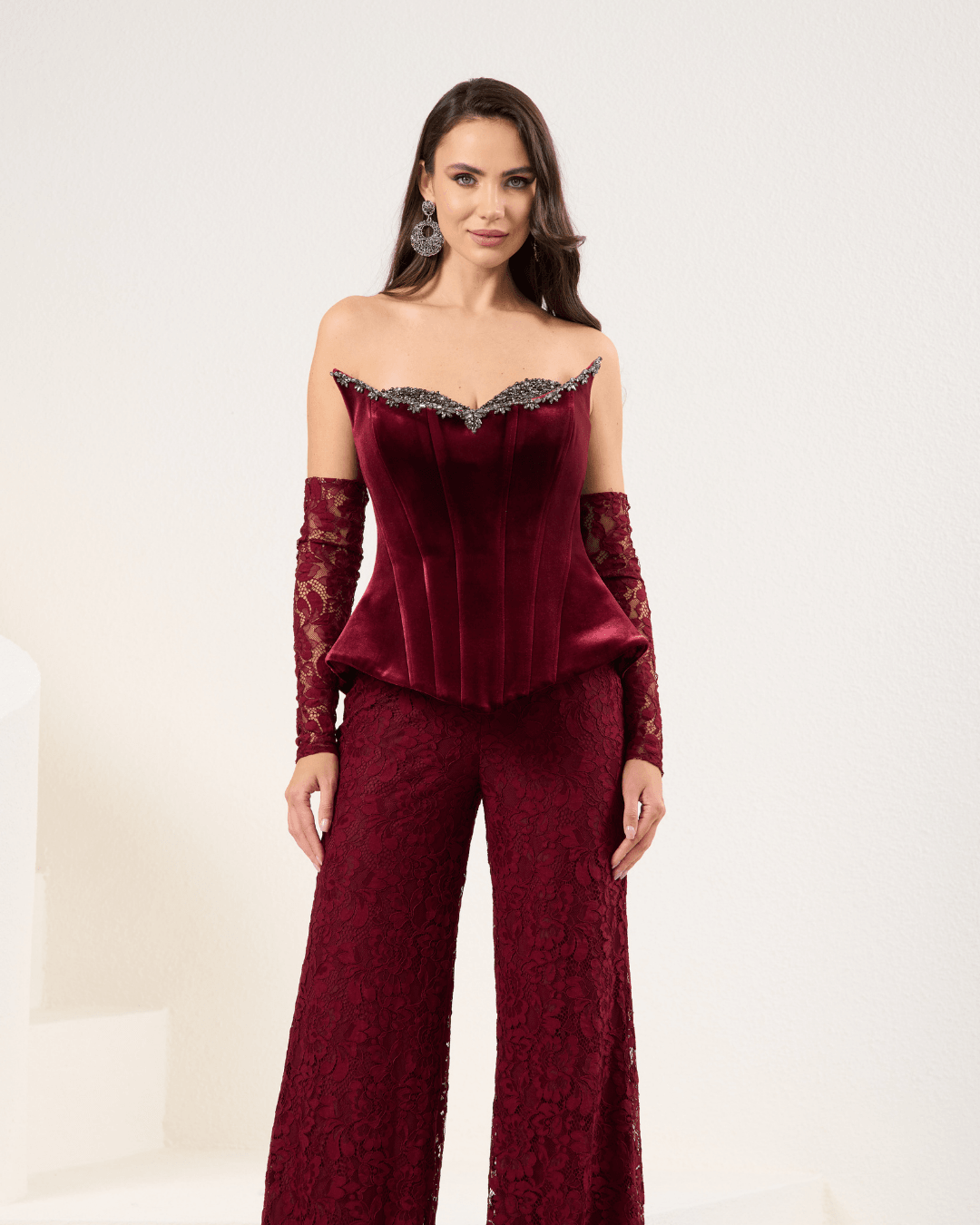 Burgundy Velvet Strapless Jumpsuit With Lace Details