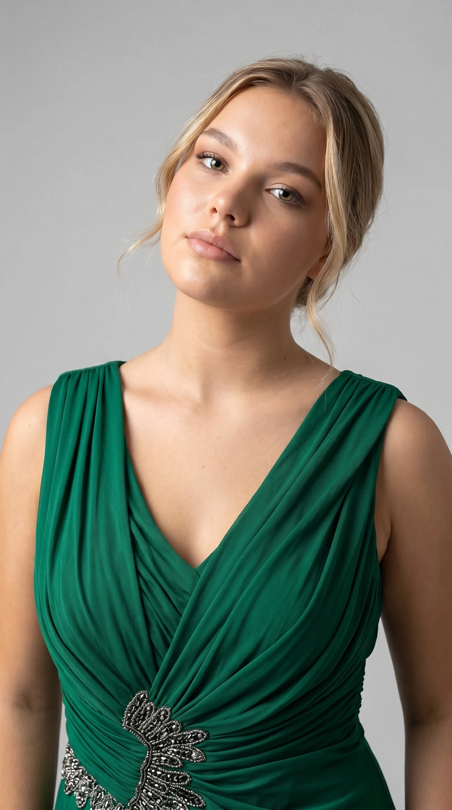 Plus Size Draped Jersey Long Evening Dress with Stone Details Emerald Green Plus Size Draped Jersey Long Evening Dress with Stone Details Emerald Green