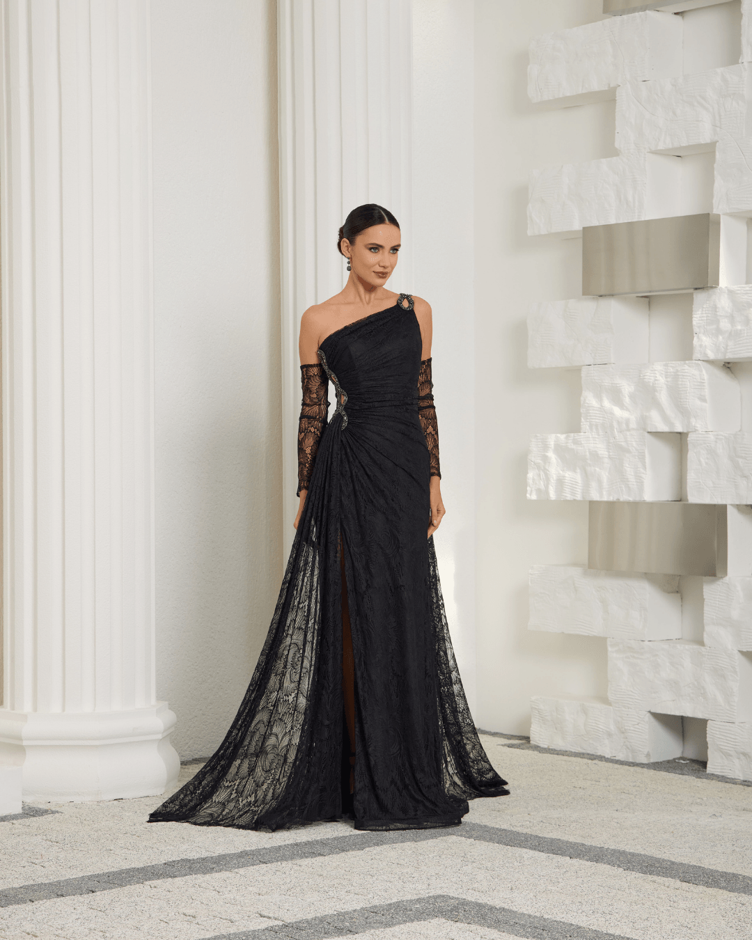 Black One Shoulder Lace Evening Dress