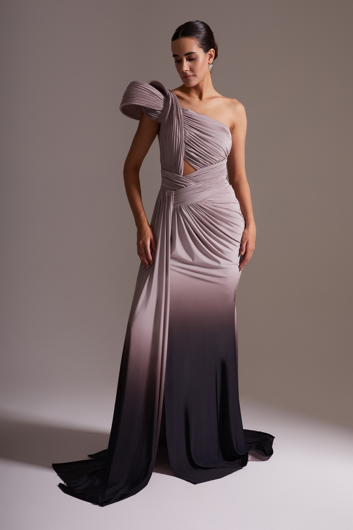 One Shoulder Draped Gradient Evening Dress with Shoulder Details Purple-Black