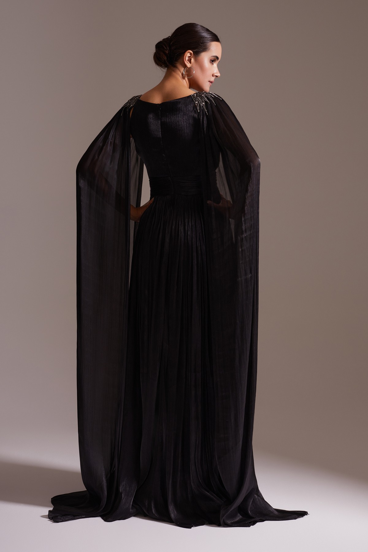Stone Embroidered Cape Sleeve Slit Long Evening Dress Black