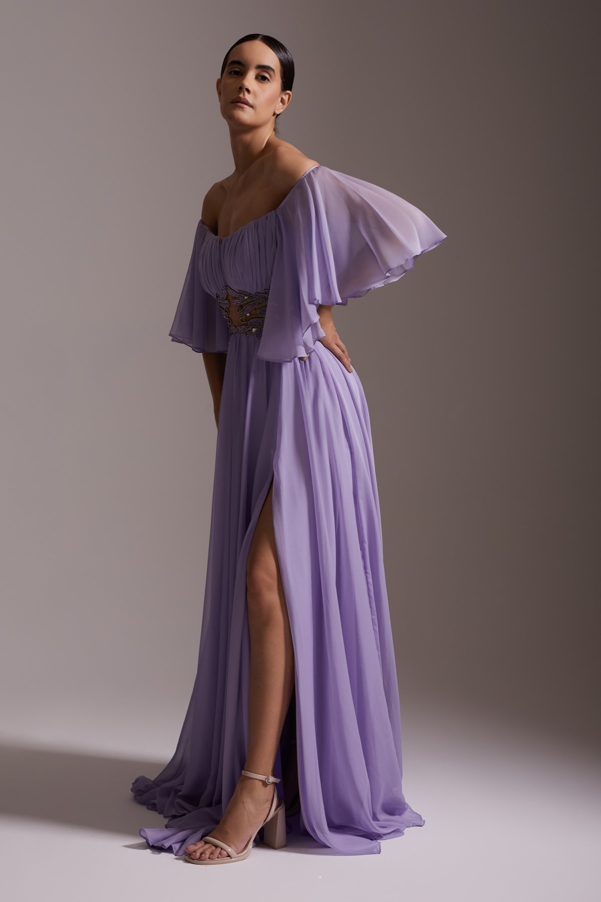 Off Shoulder Stone Embroidered Waist Detailed Slit Long Chiffon Evening Dress Lilac