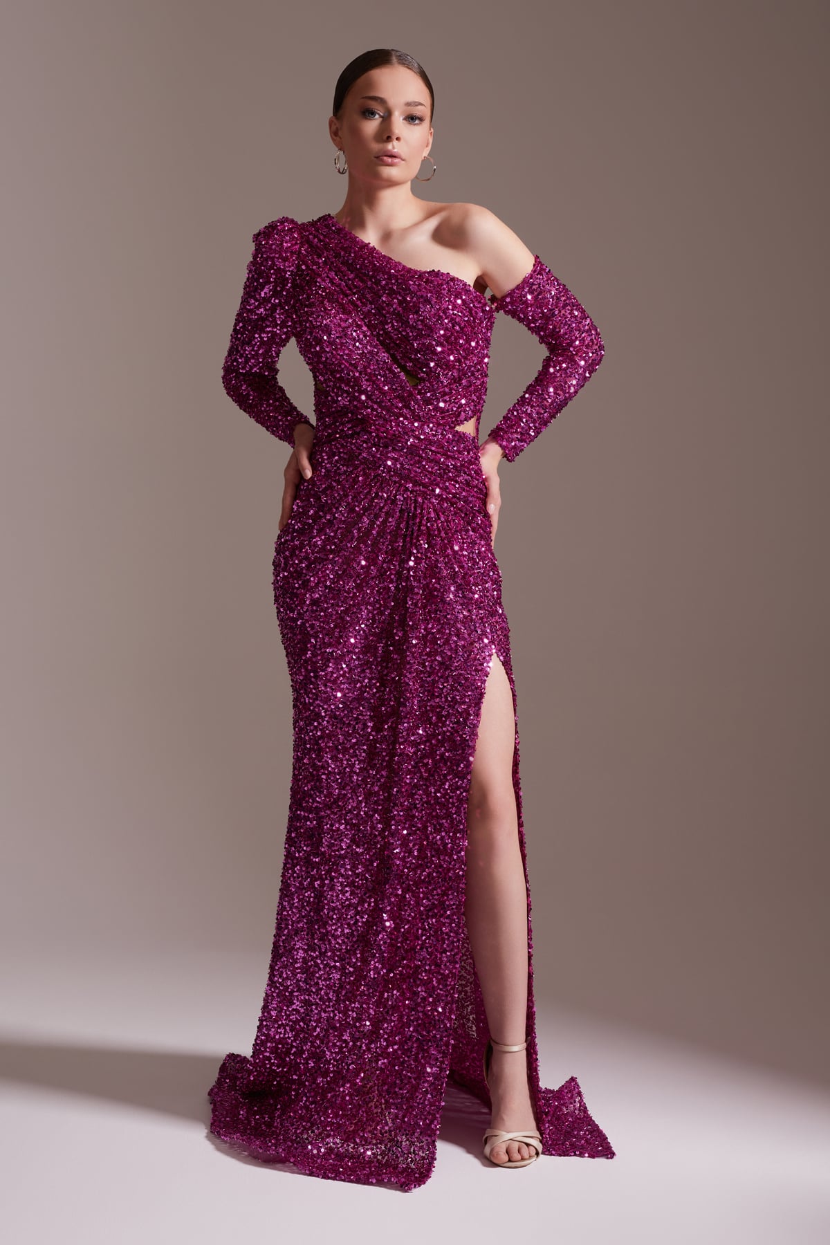 Sequined One Shoulder Long Evening Dress with Slit Detail Fuchsia Evening Dress