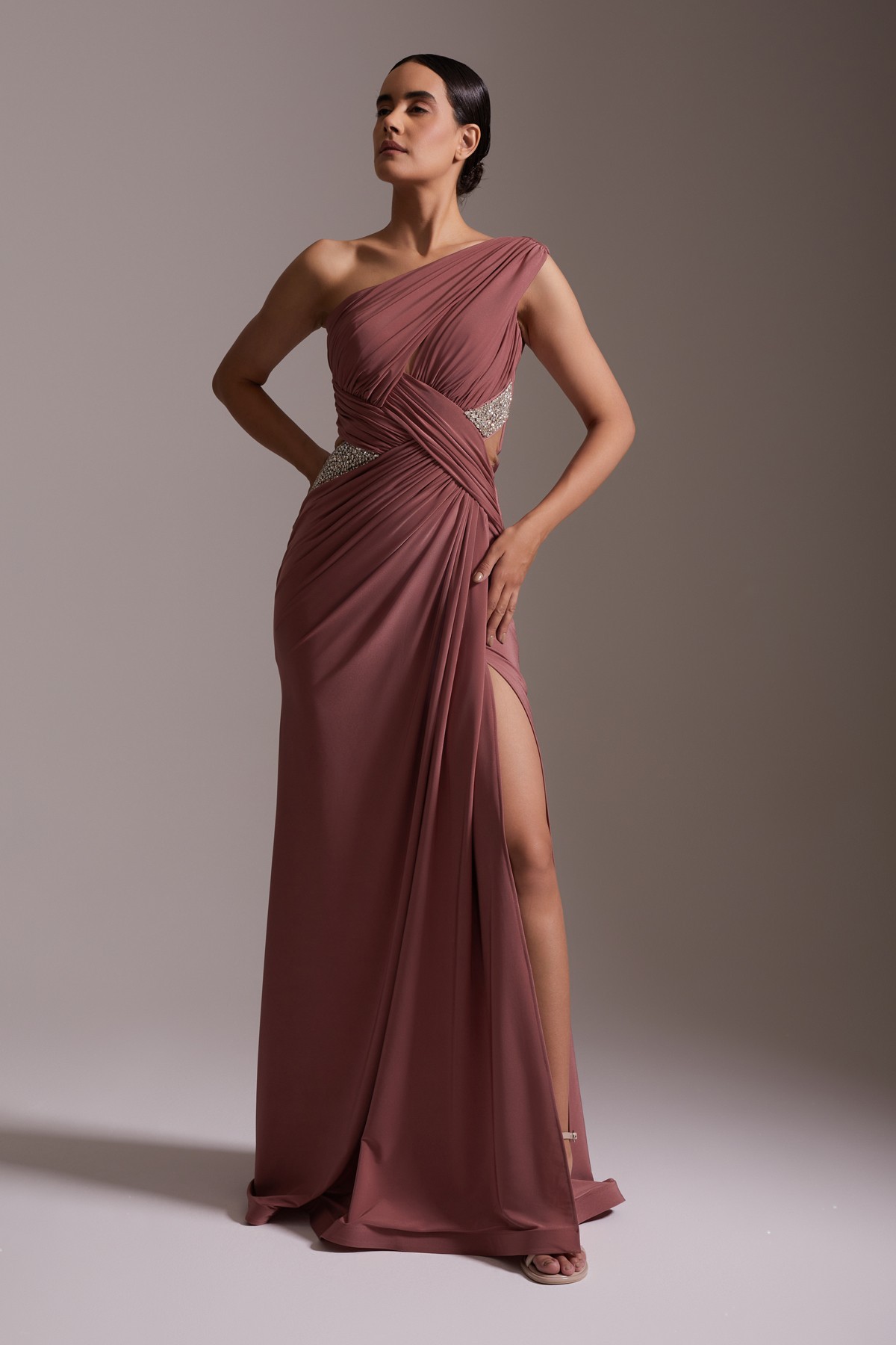 One-Shoulder Pleated Satin Evening Dress with Slit and Stone Detail in Wine Color