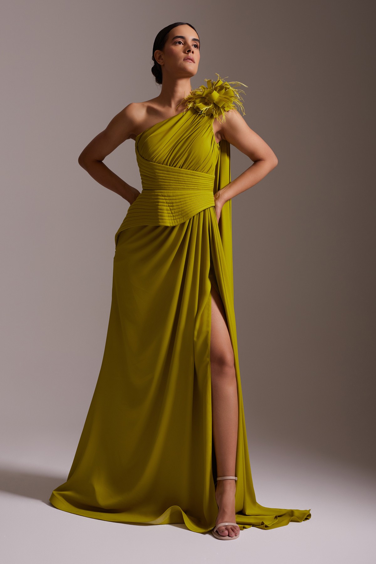 One Shoulder Floral Accessory Draped Slit Satin Evening Dress Olive Green