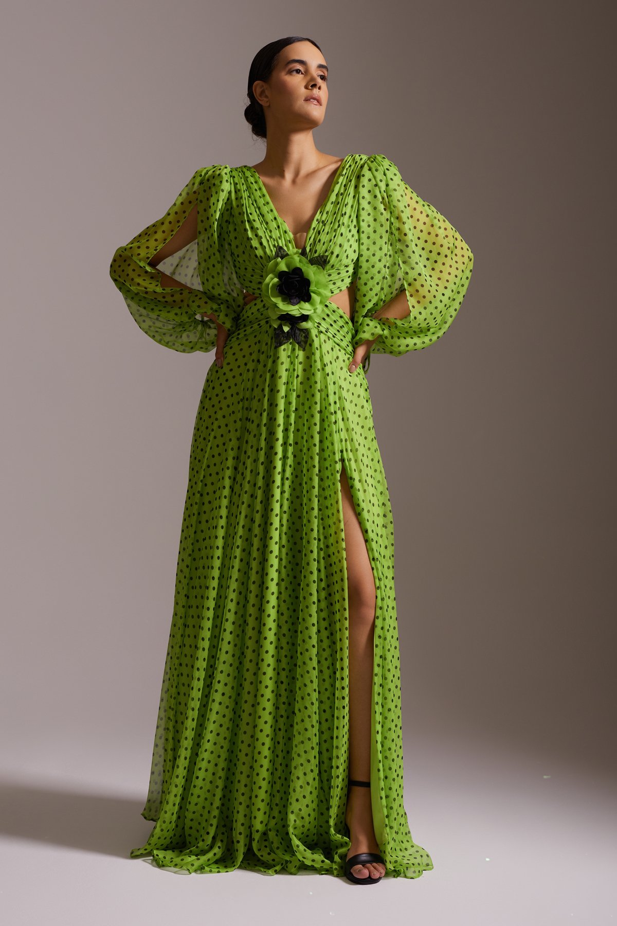 Polka Dot Chiffon Deep Slit V Neck Flower Detailed Long Evening Dress Green