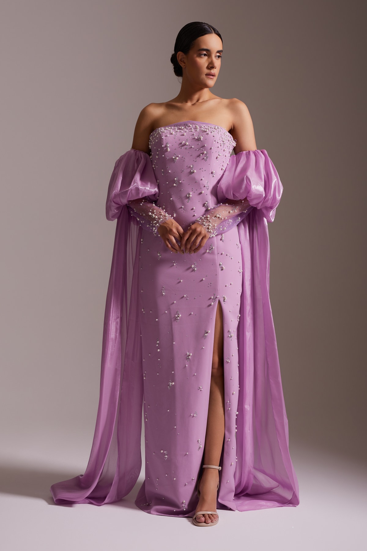 Stone Embroidered Strapless Slit Evening Dress Lilac