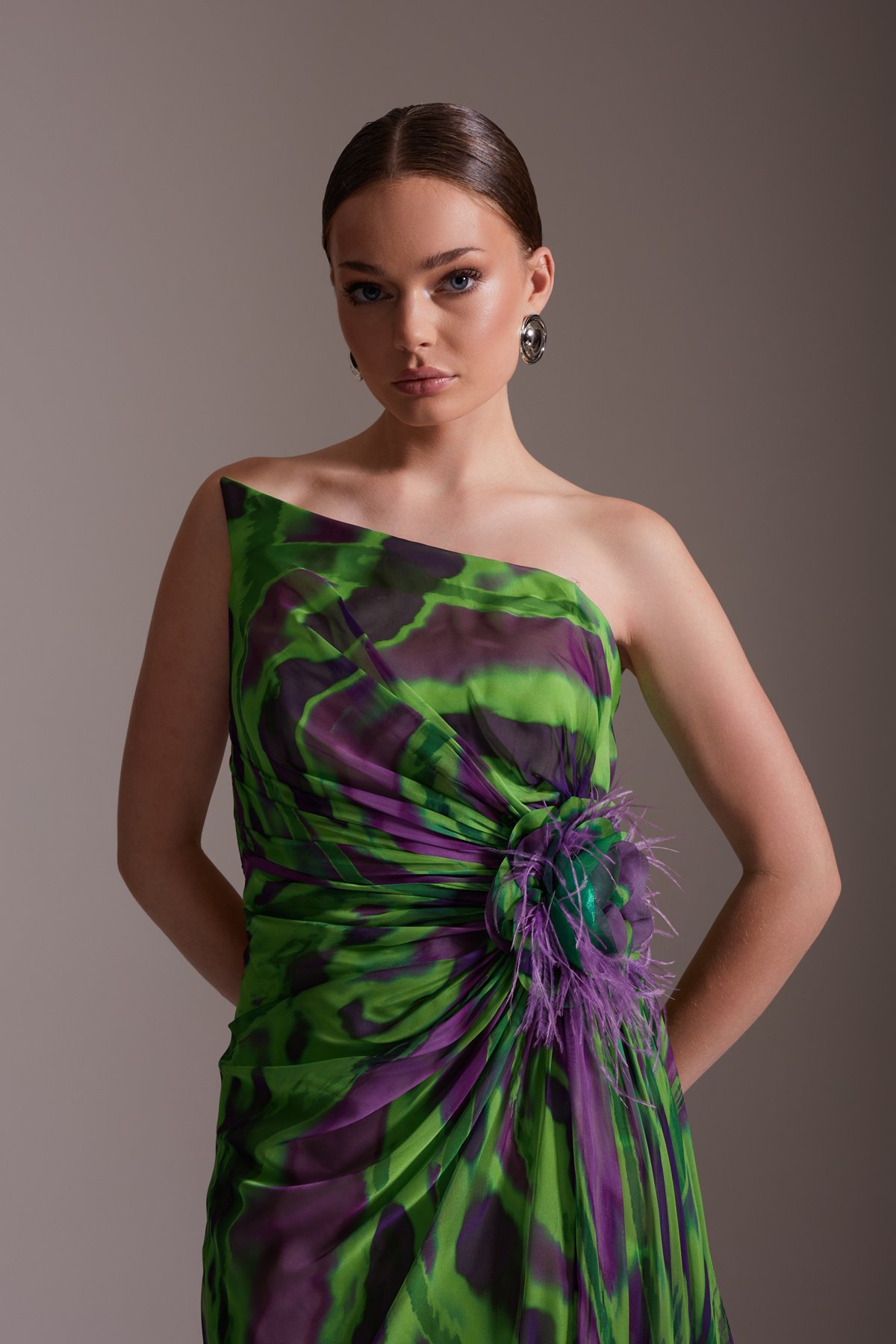 Patterned One Shoulder Flower Detailed Chiffon Evening Dress Green Purple