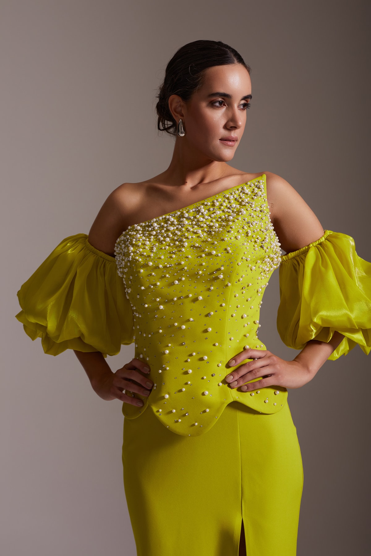 One Shoulder Pearl and Stone Embroidered Flounce Sleeve Slit Long Evening Dress Yellow Green