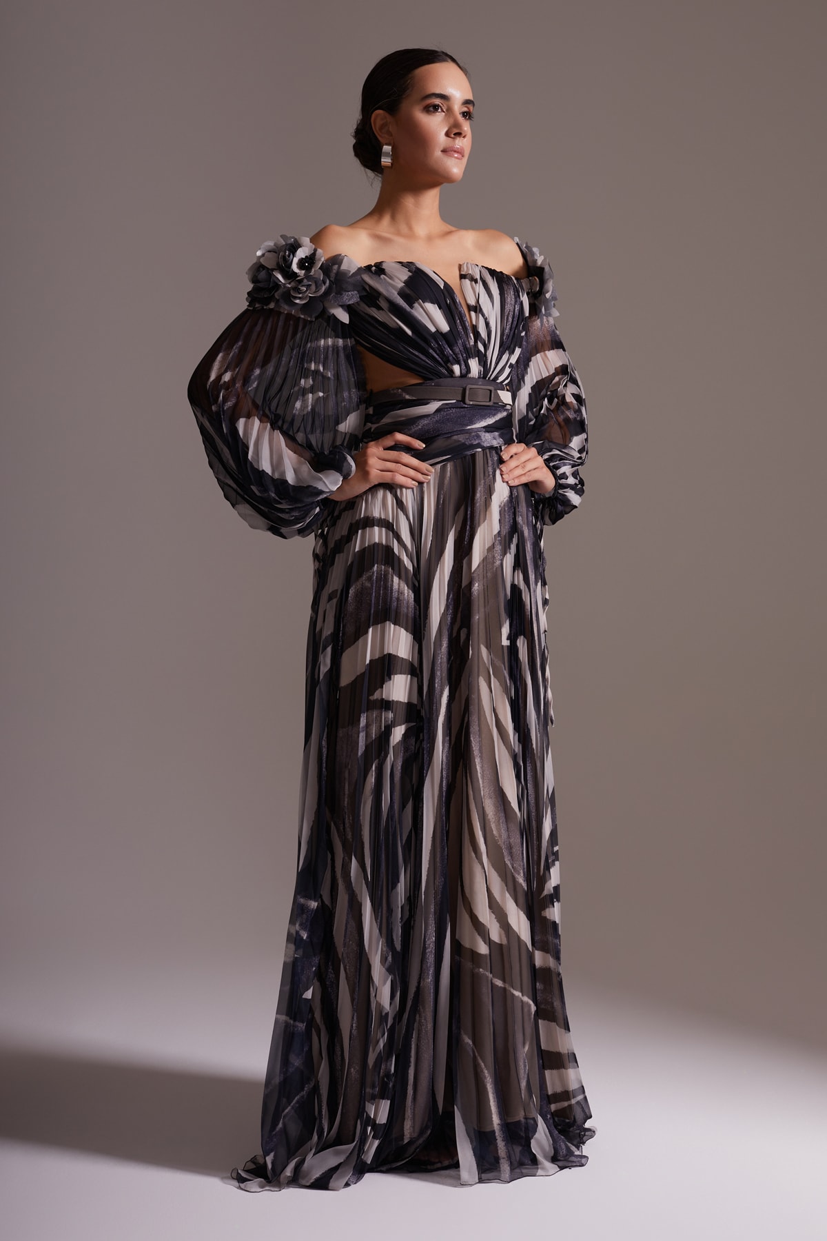 Off-the-Shoulder Floral Detailed Patterned Chiffon Evening Dress Black Gray