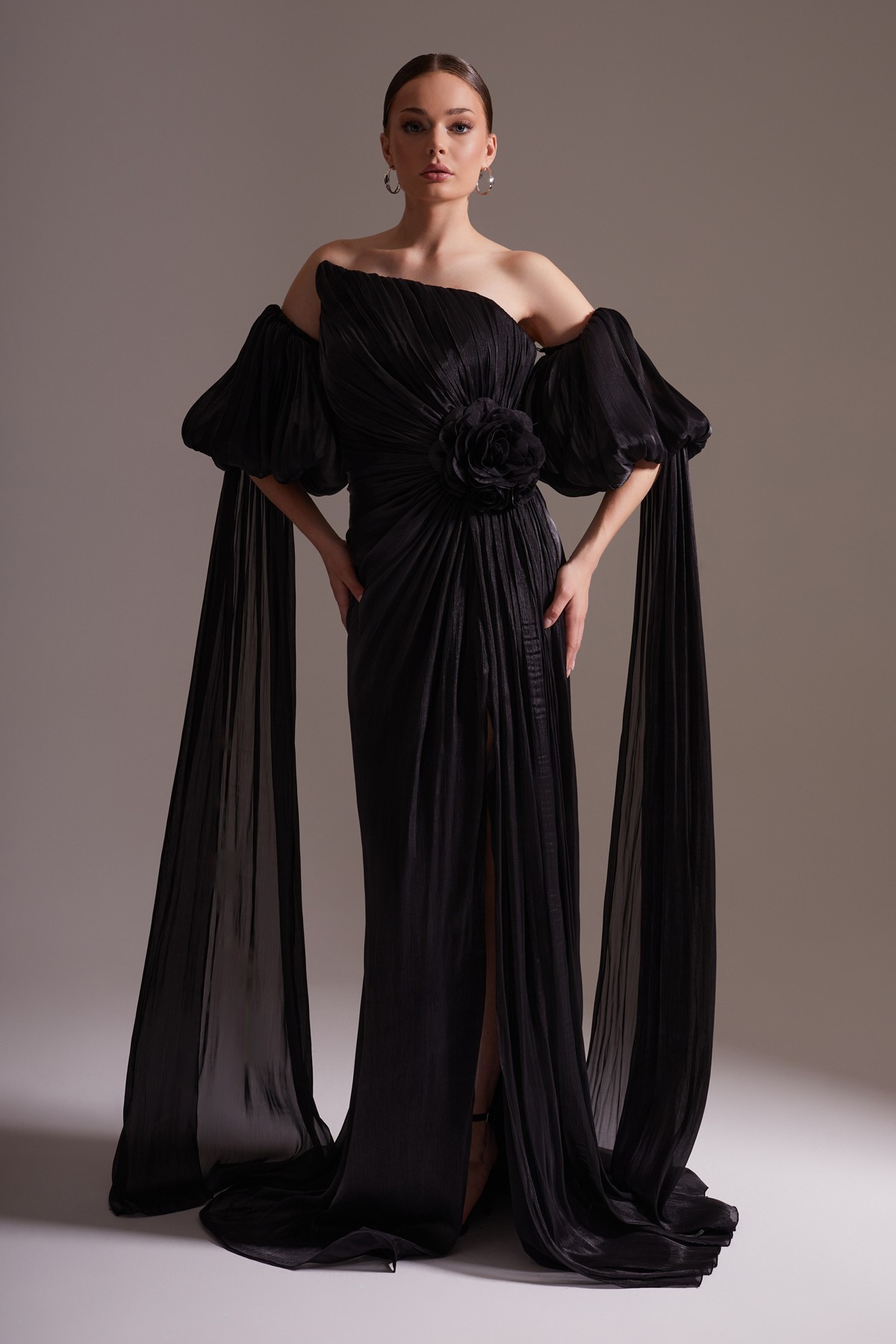 One Shoulder Satin Draped Flower Detailed Balloon Sleeve Slit Evening Dress Black