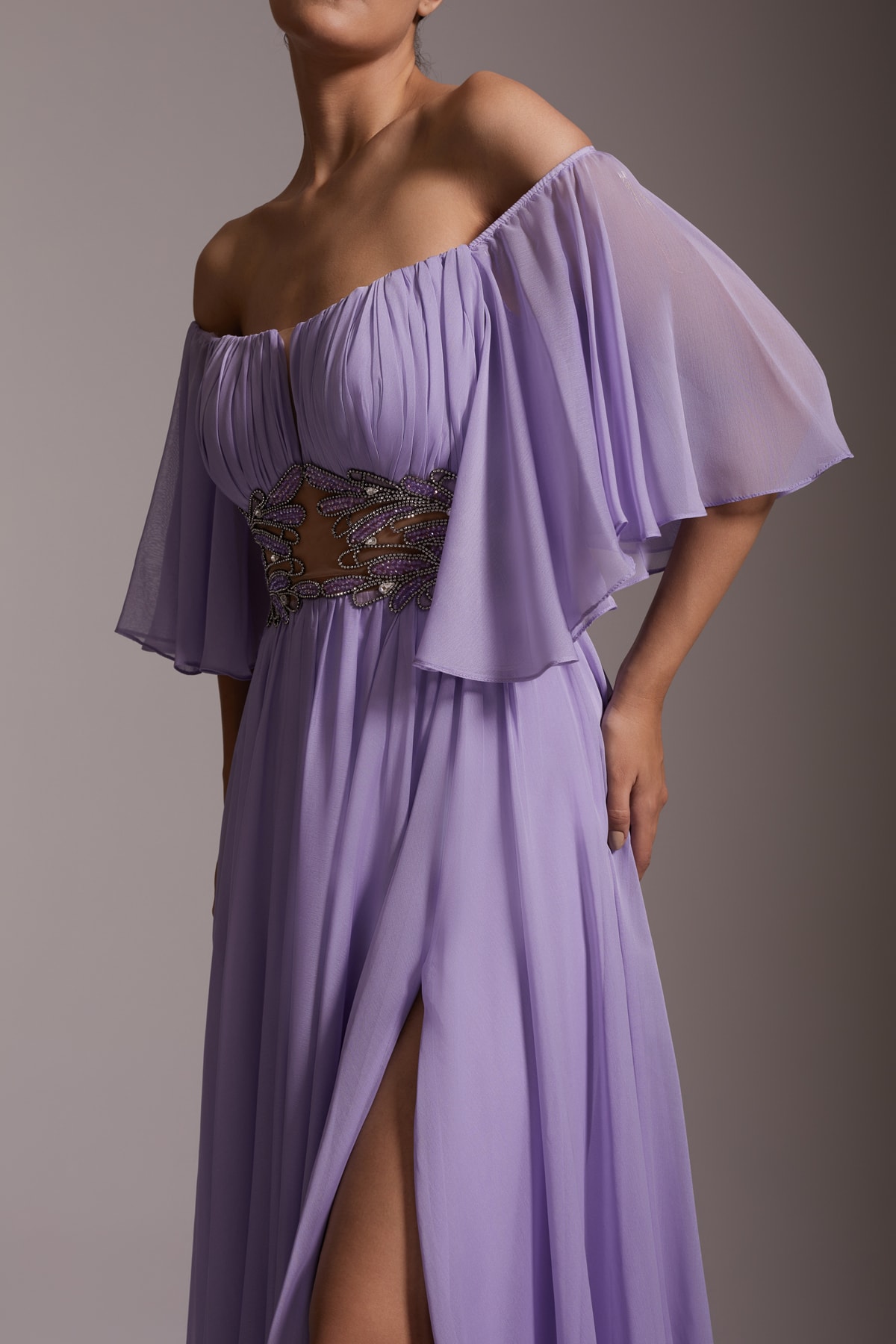 Off Shoulder Stone Embroidered Waist Detailed Slit Long Chiffon Evening Dress Lilac