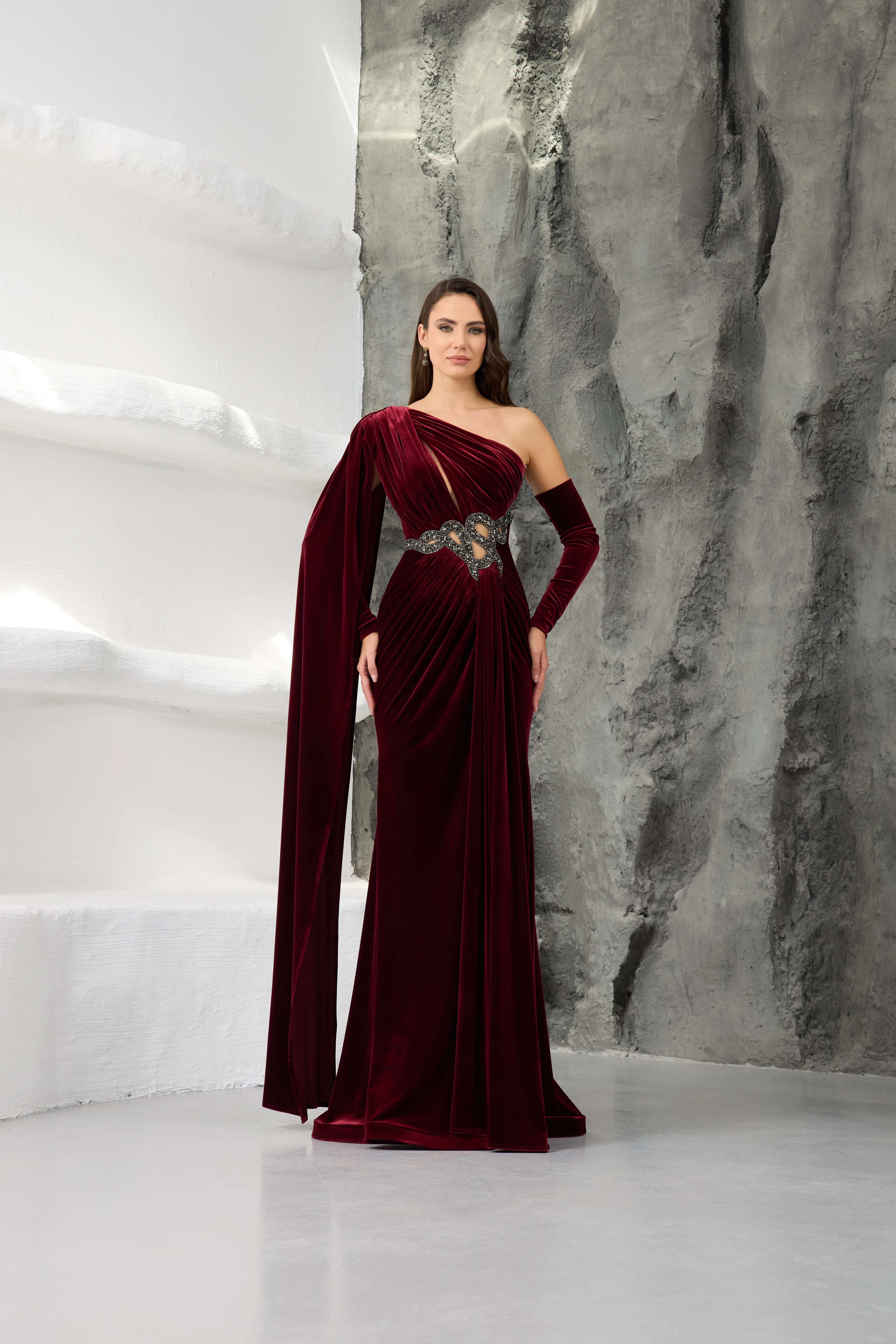 Burgundy One Shoulder Velvet Evening Dress with Stone Details