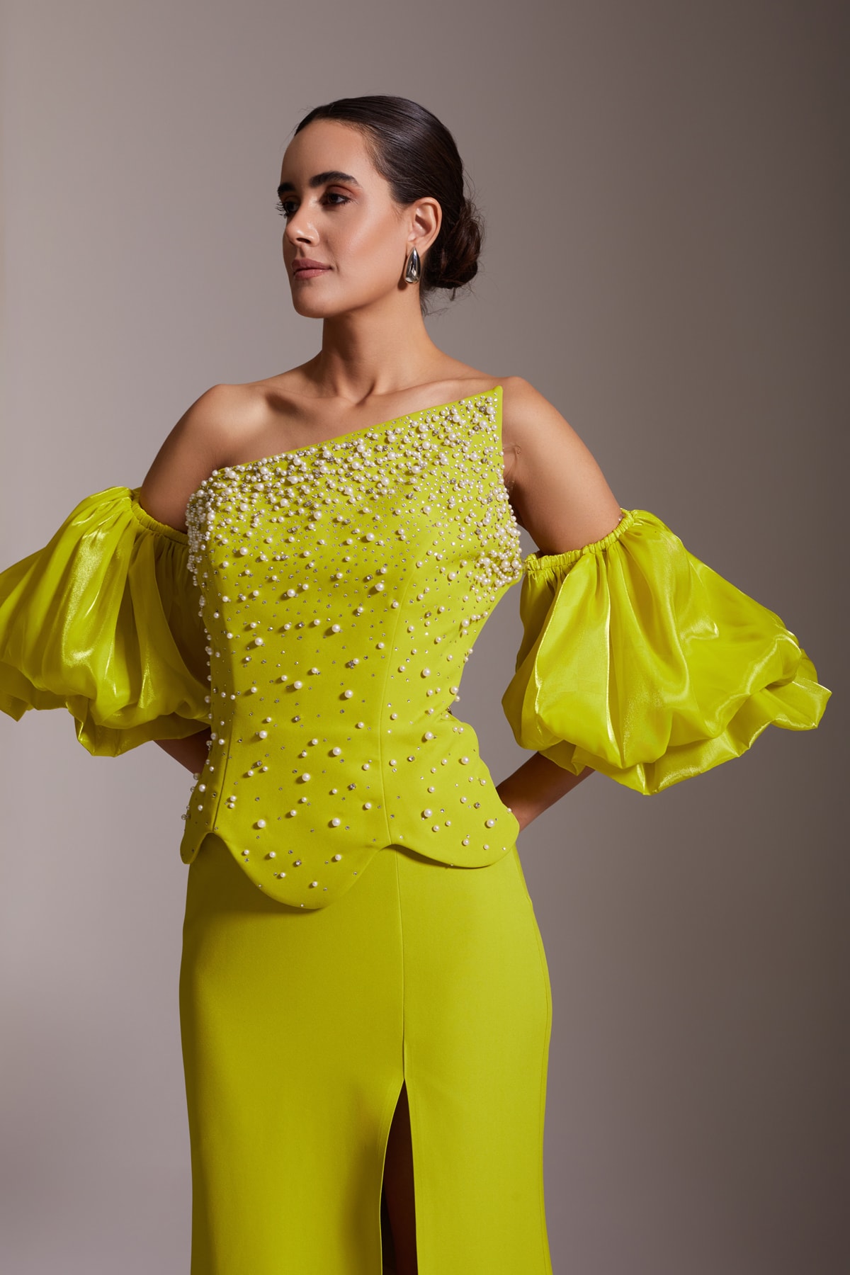One Shoulder Pearl and Stone Embroidered Flounce Sleeve Slit Long Evening Dress Yellow Green