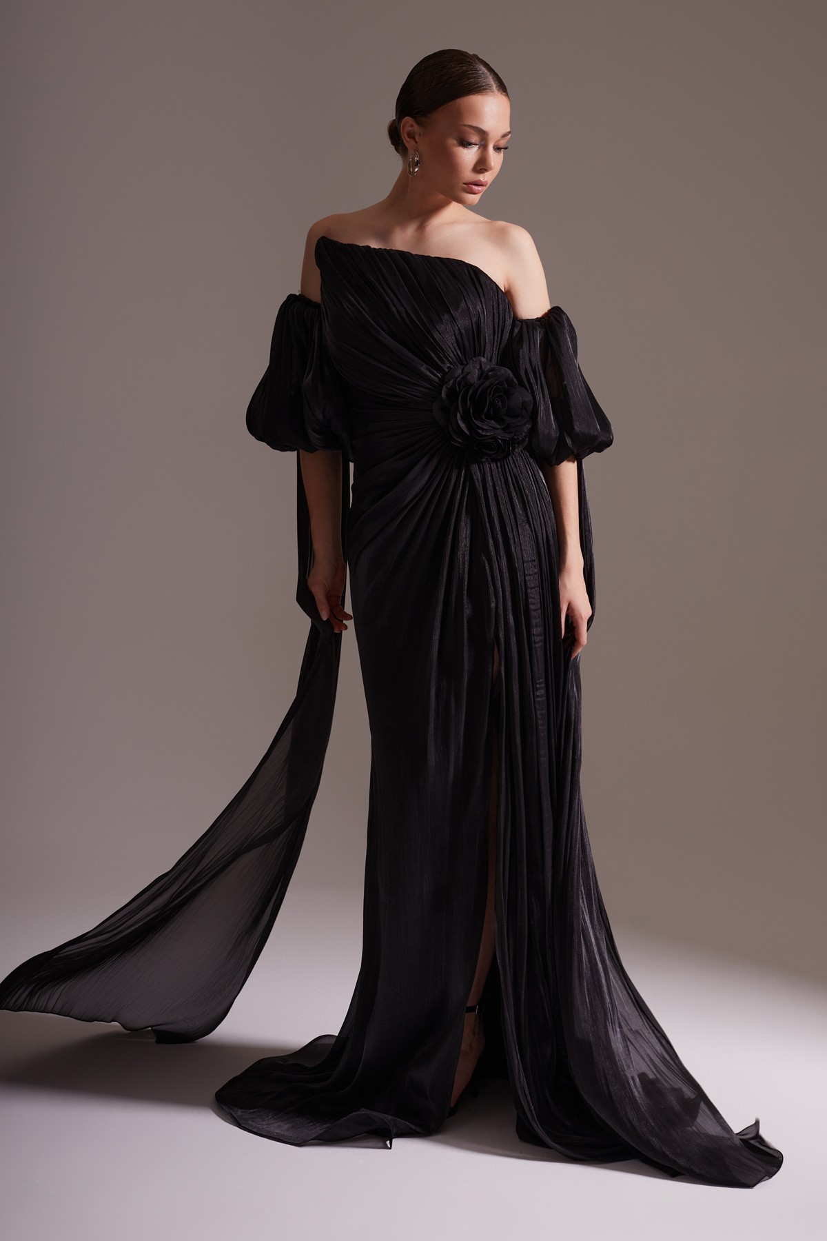 One Shoulder Satin Draped Flower Detailed Balloon Sleeve Slit Evening Dress Black