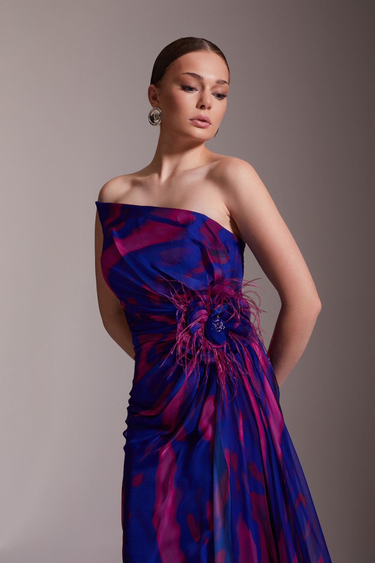 Patterned One-Shoulder Chiffon Evening Dress Purple - Fuchsia
