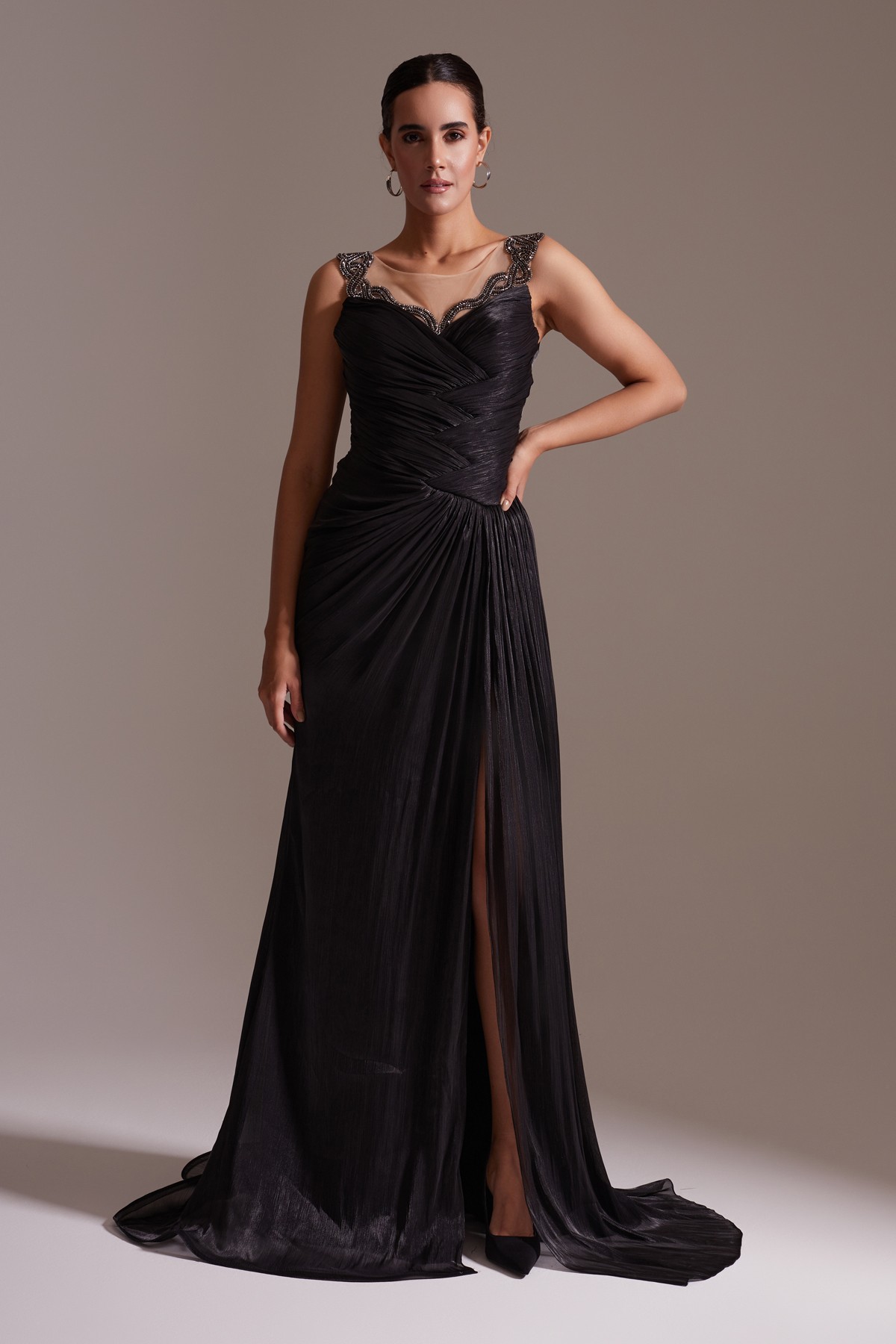 Slit Stone Embroidered Strap Draped Satin Evening Dress Black