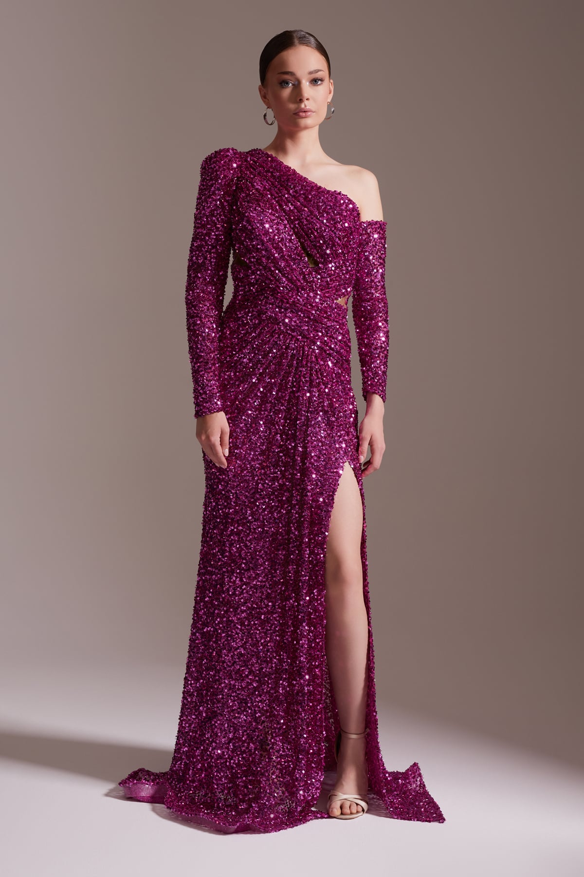 Sequined One Shoulder Long Evening Dress with Slit Detail Fuchsia Evening Dress