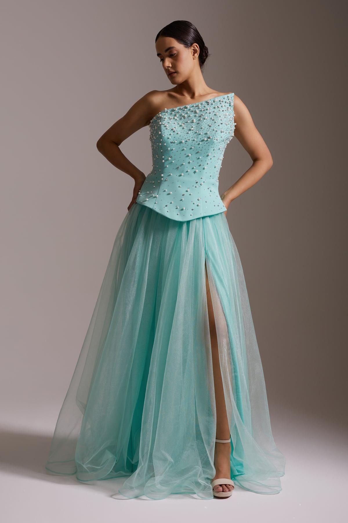 One-Shoulder Pearl Tulle Evening Dress with Slit in Aqua Green