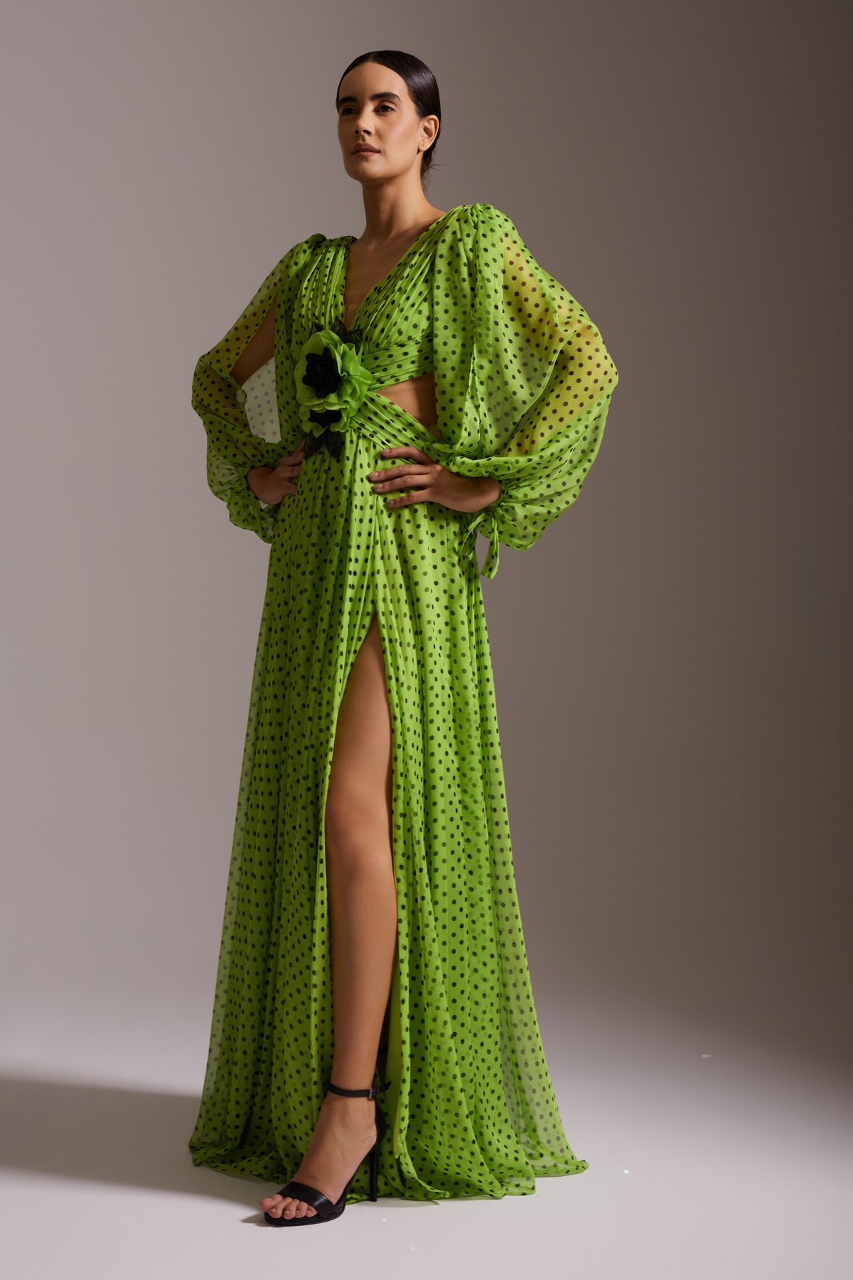 Polka Dot Chiffon Deep Slit V Neck Flower Detailed Long Evening Dress Green
