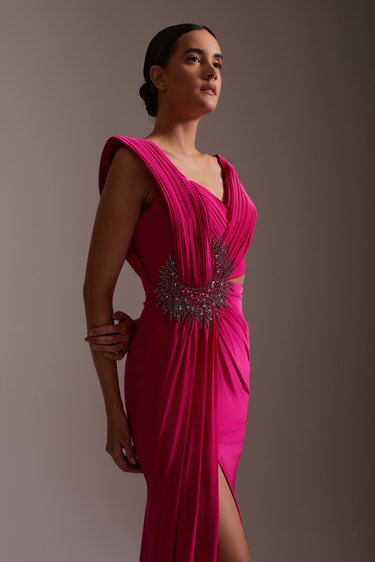 Slit One Shoulder Detailed Stone Embroidered Evening Dress Fuchsia