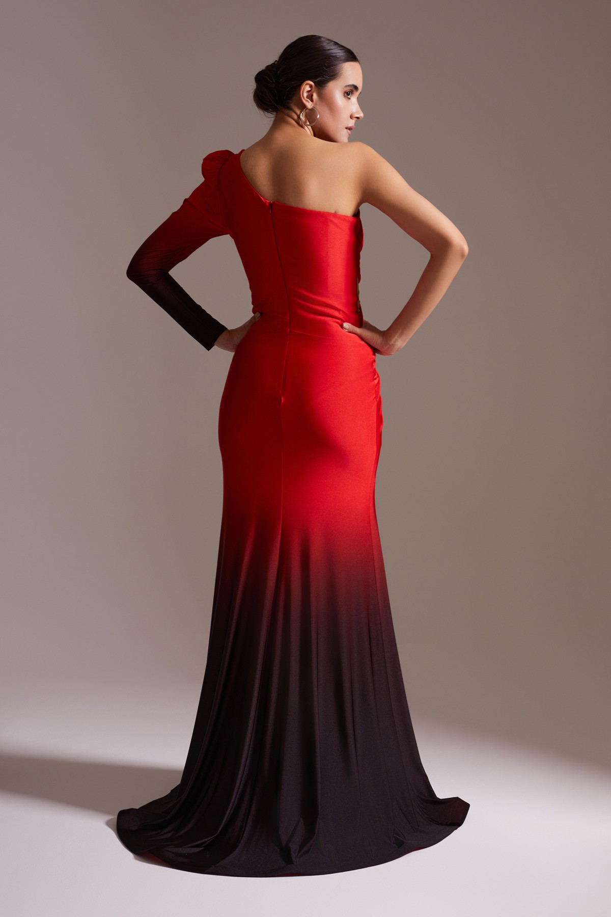 One Shoulder Long Slit Draped Evening Dress Red Black Transitional