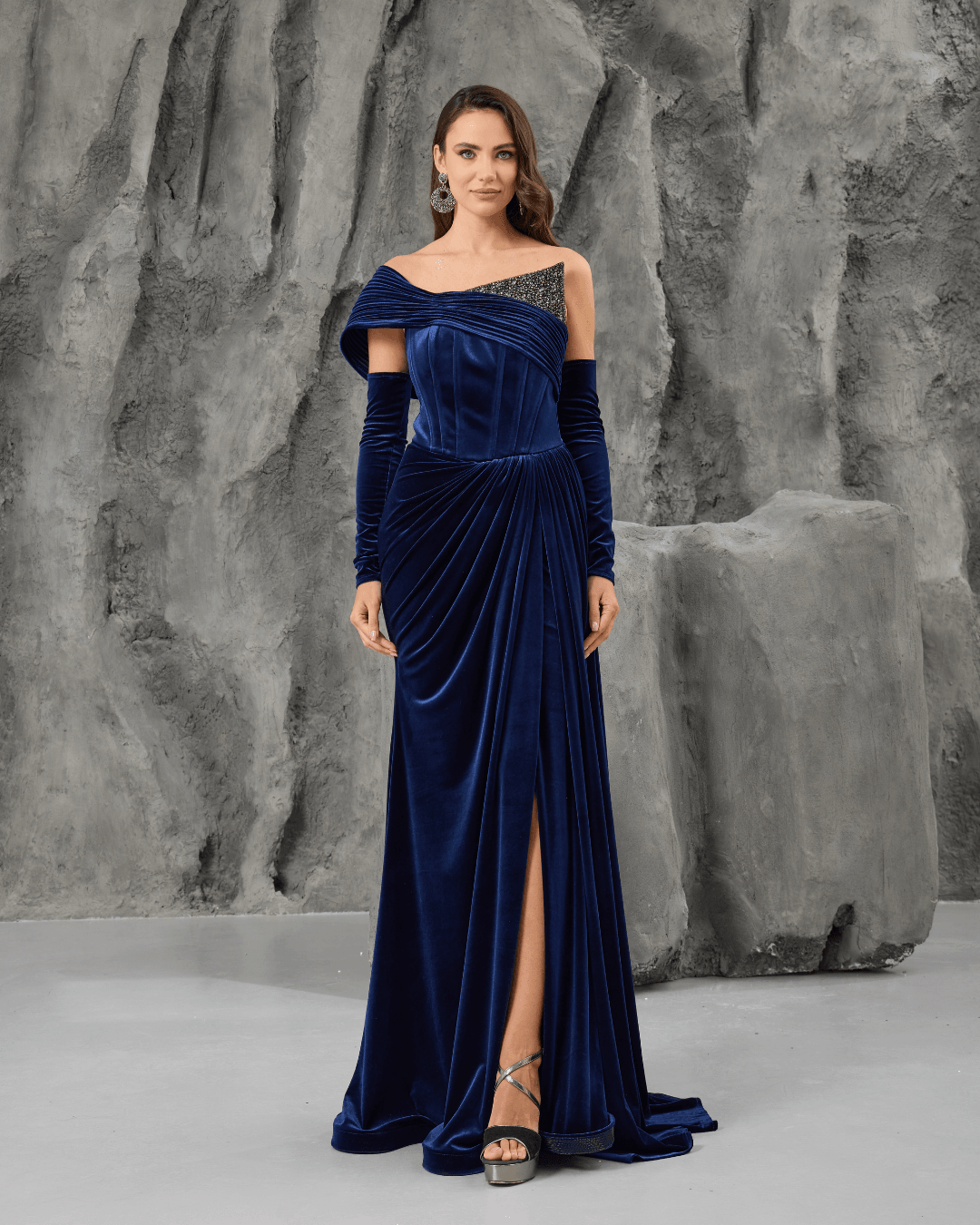 Navy Velvet One Shoulder Gown
