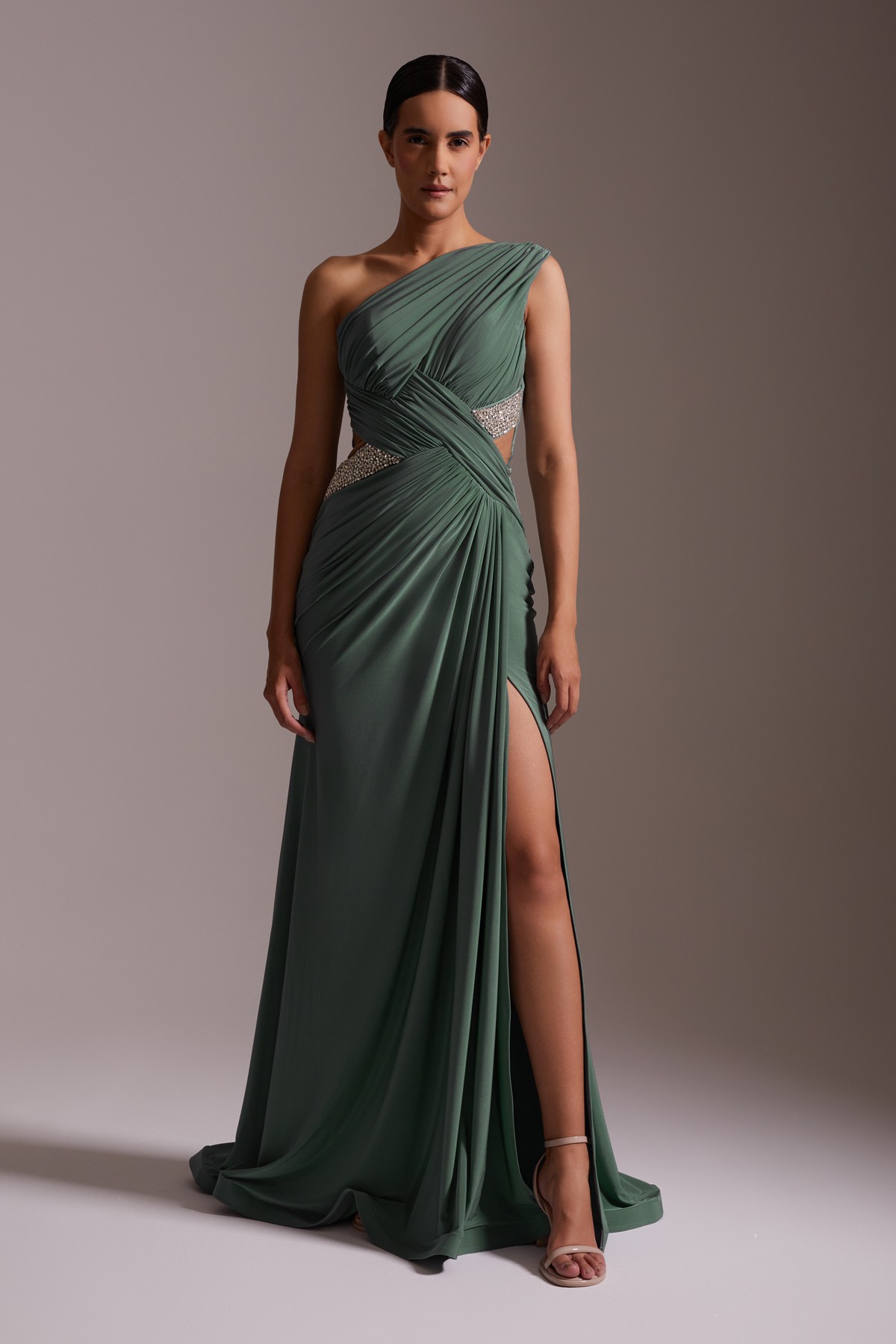One Shoulder Slit Draped Stone Detailed Evening Dress Emerald Green