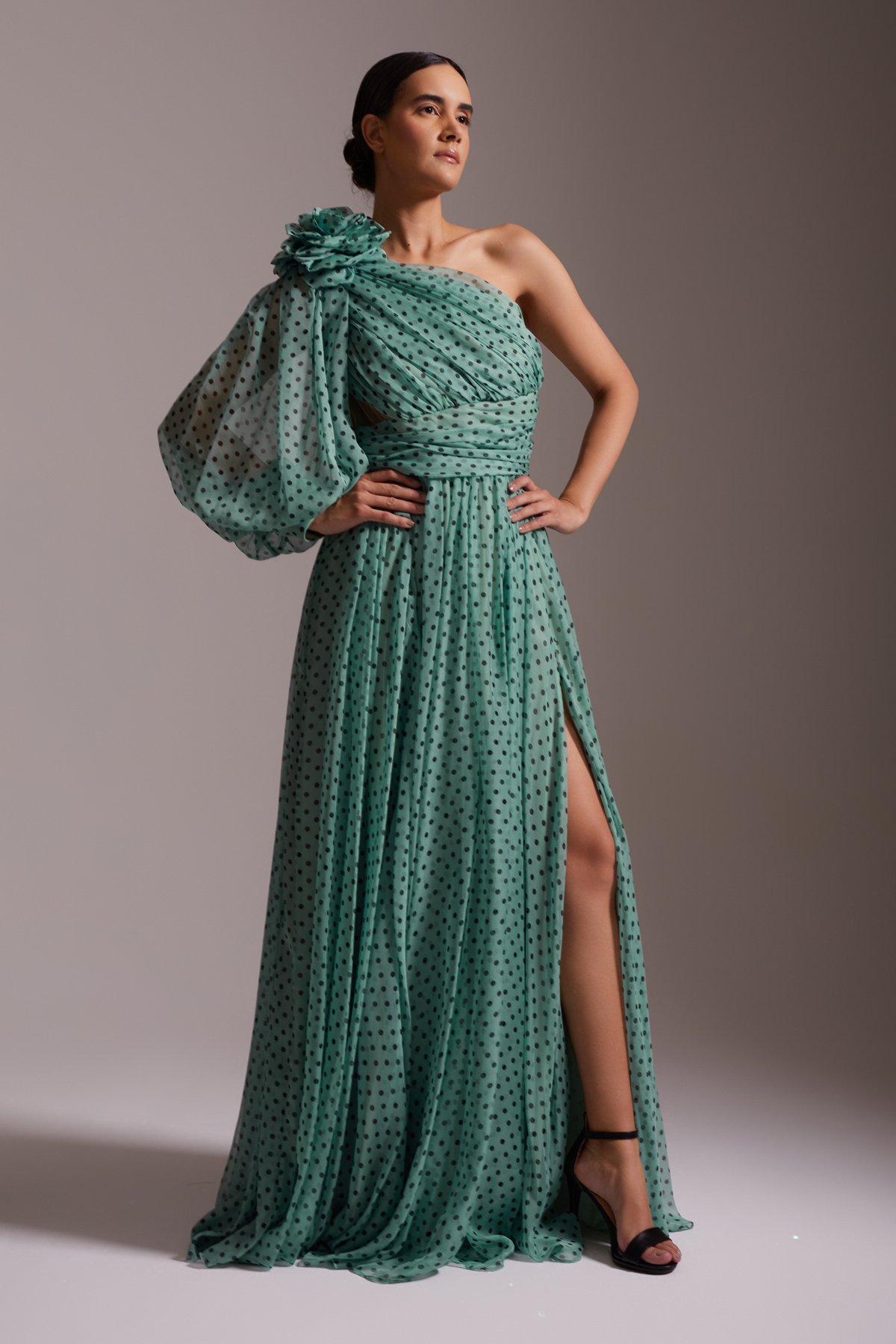 One Shoulder Flounce Detailed Slit Chiffon Polka Dot Evening Dress Green