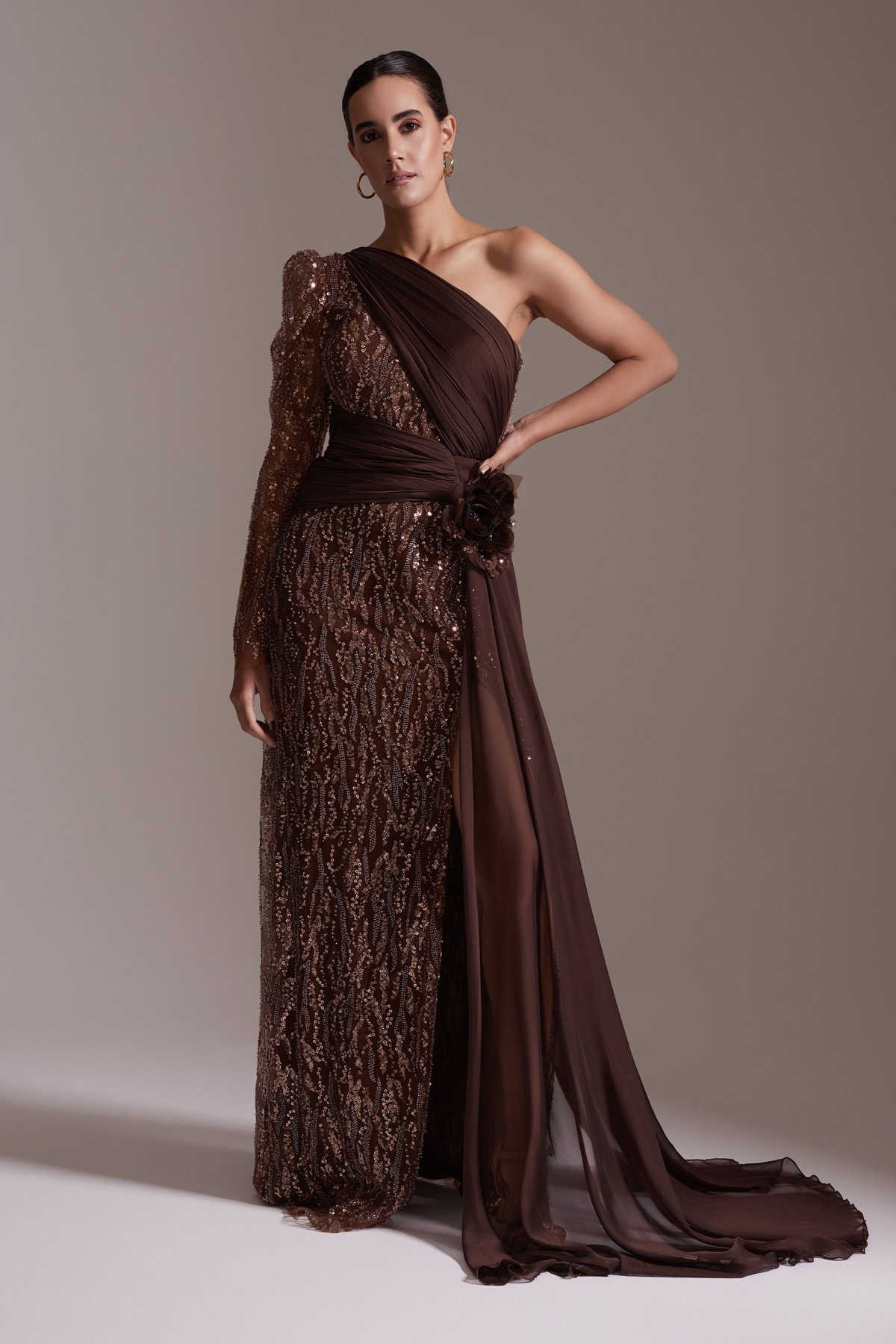 One Shoulder Long Sleeve Slit Sequined Chiffon Evening Dress Brown