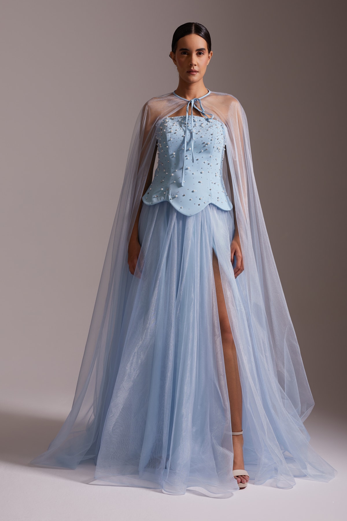 Stone Embroidered Sheer Cape and Slit Tulle Evening Dress Blue