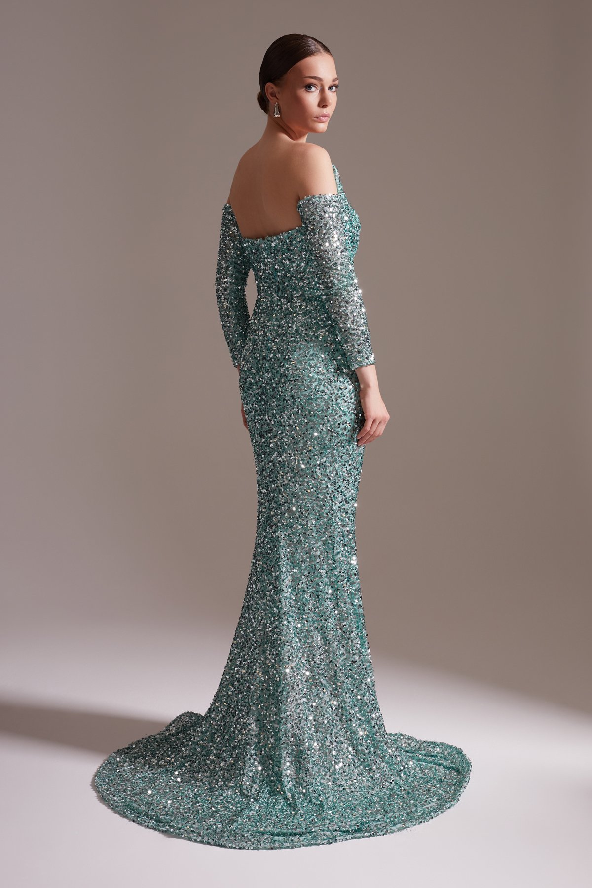 Sequined Off-the-Shoulder Long Evening Dress in Aqua Green