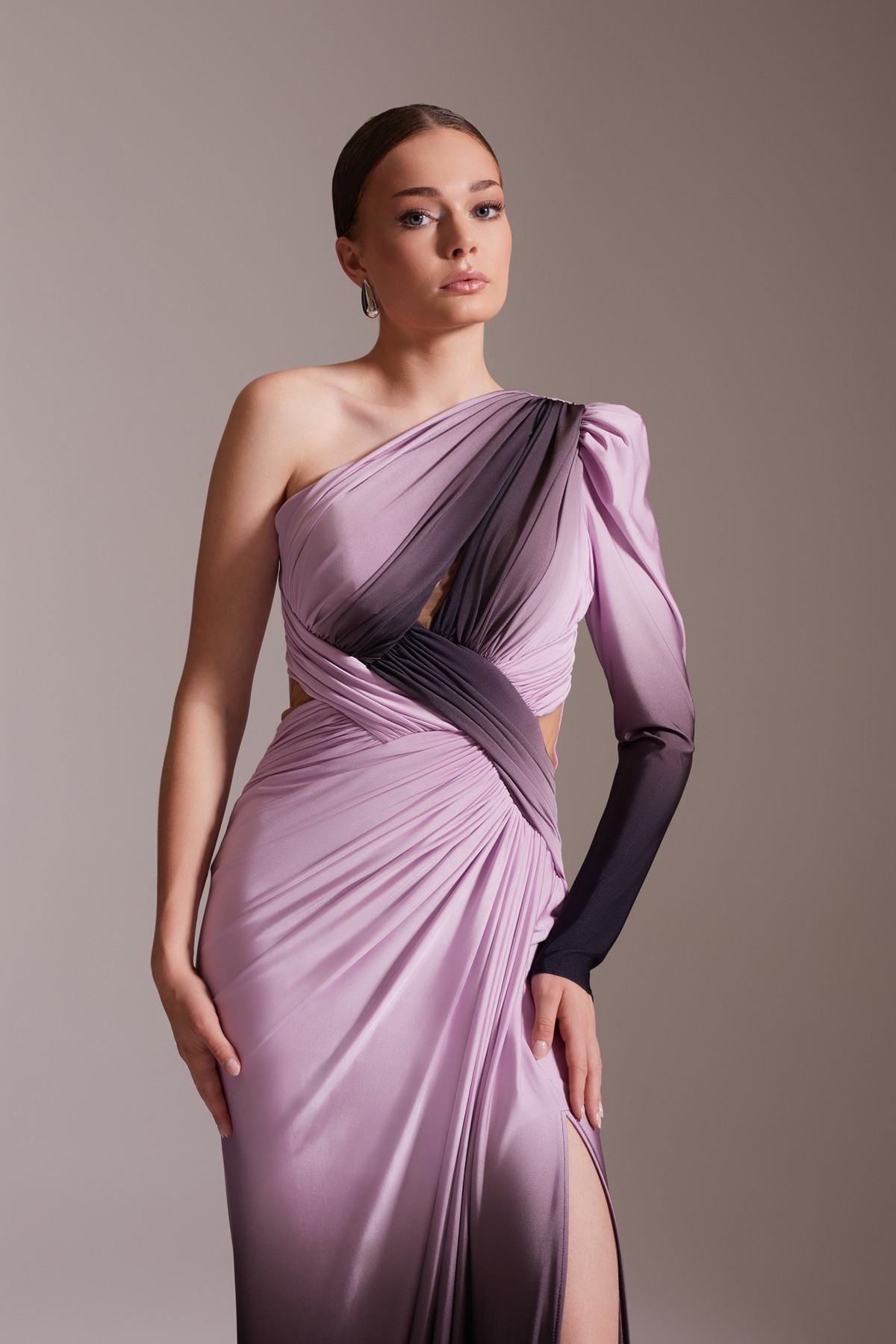 One Shoulder Long Slit Ombre Draped Evening Dress Lilac - Black
