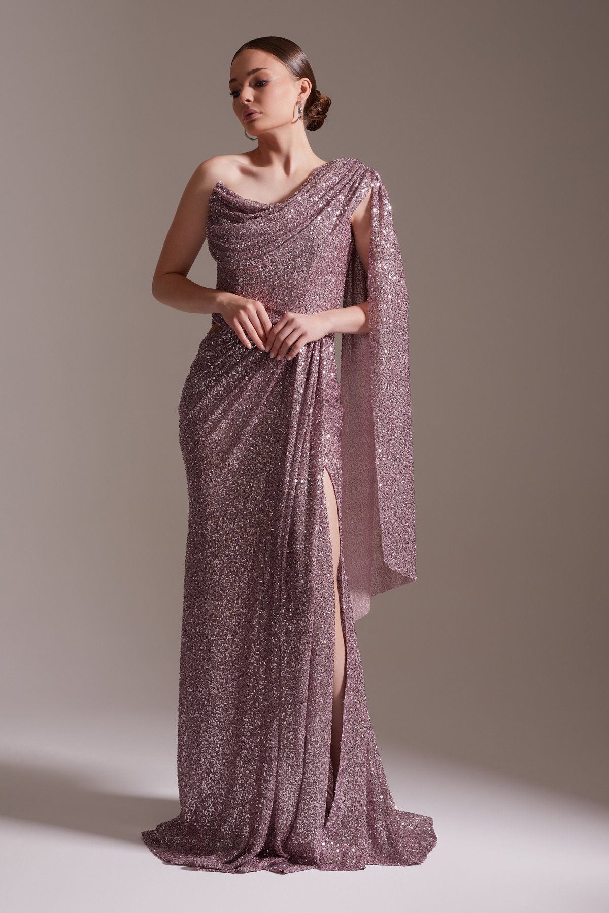 One Shoulder Slit Sequined Evening Dress Powder Pink
