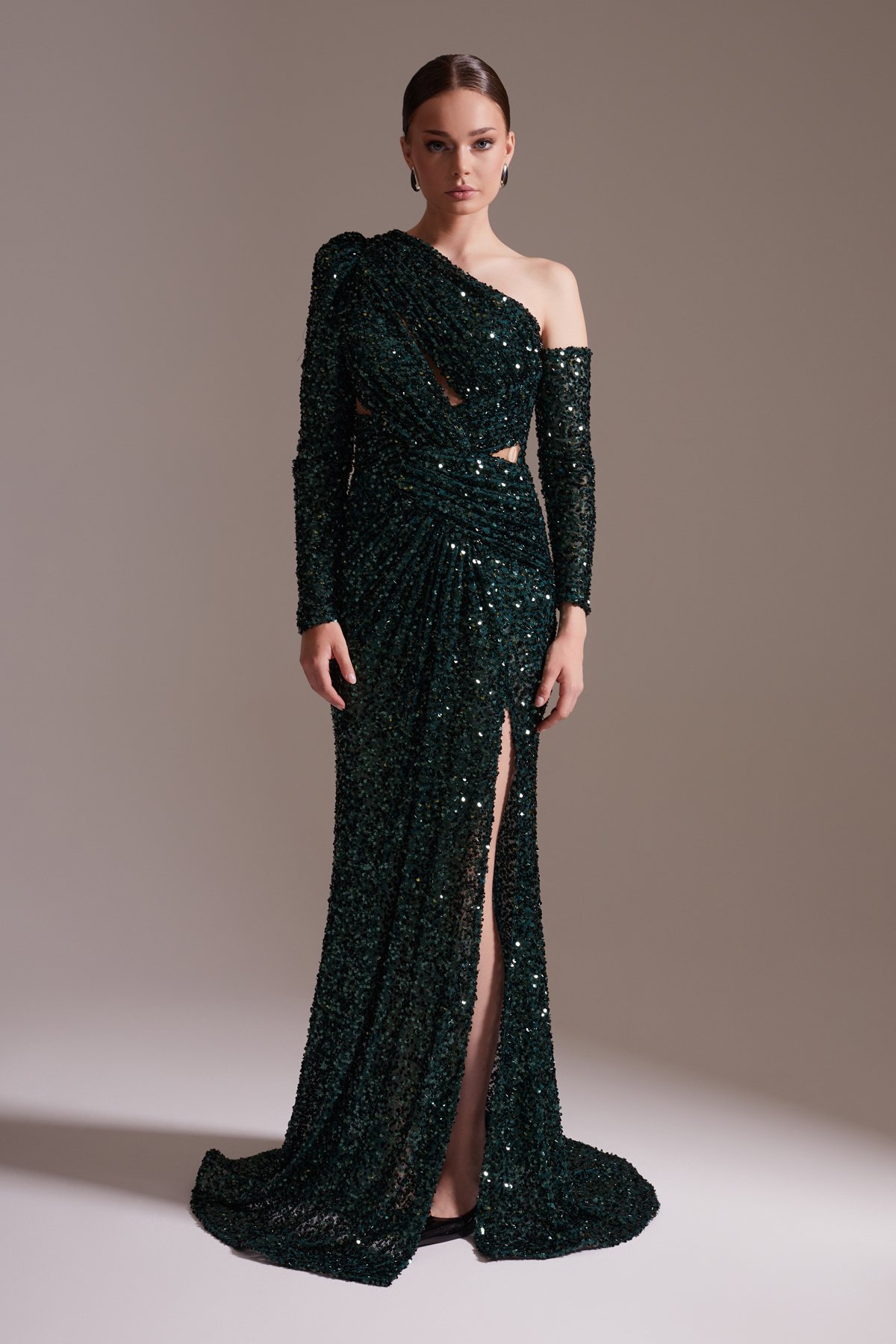 One Shoulder Sequined Slit Evening Dress Green