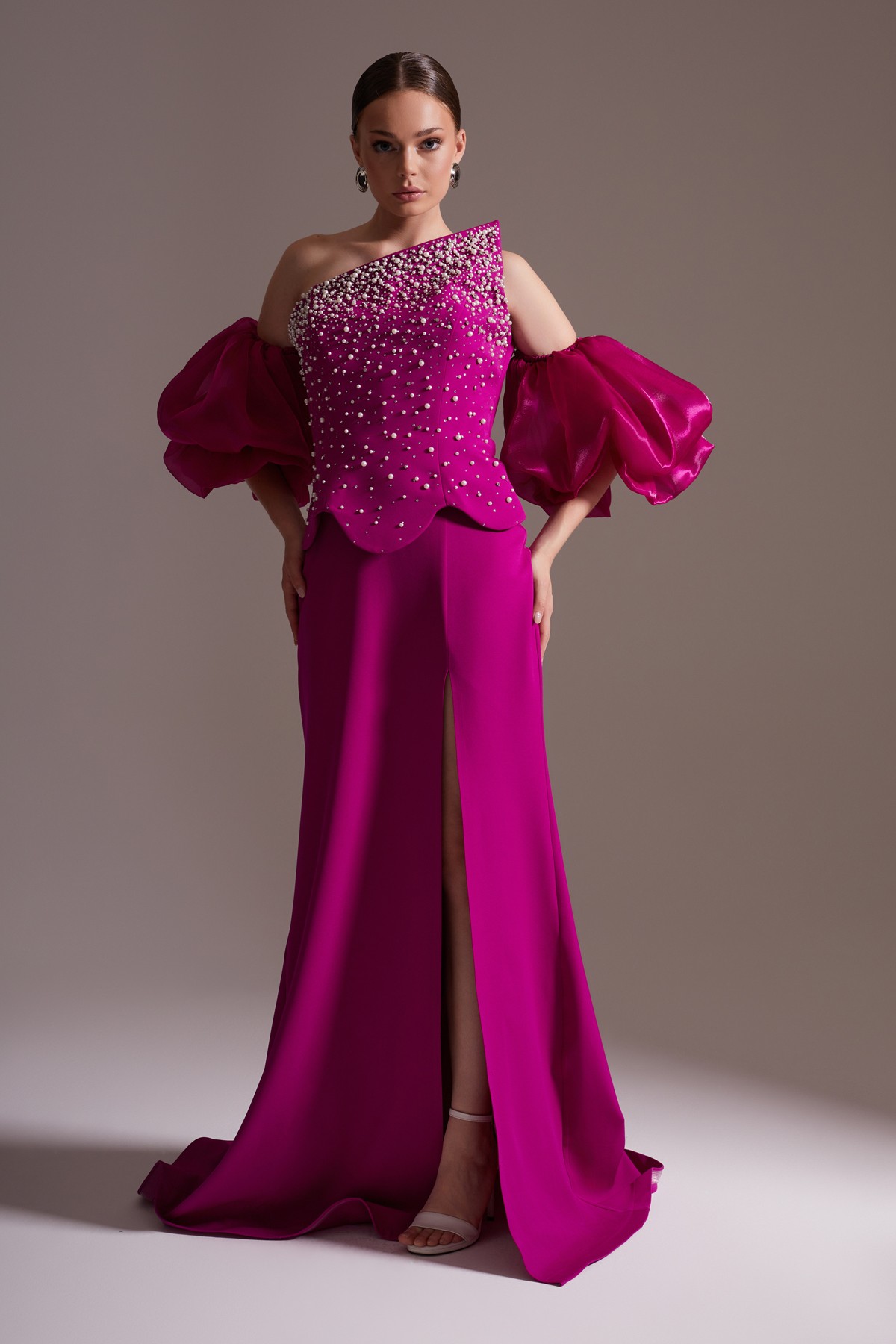 One Shoulder Pearl Balloon Sleeve Slit Long Evening Dress Fuchsia
