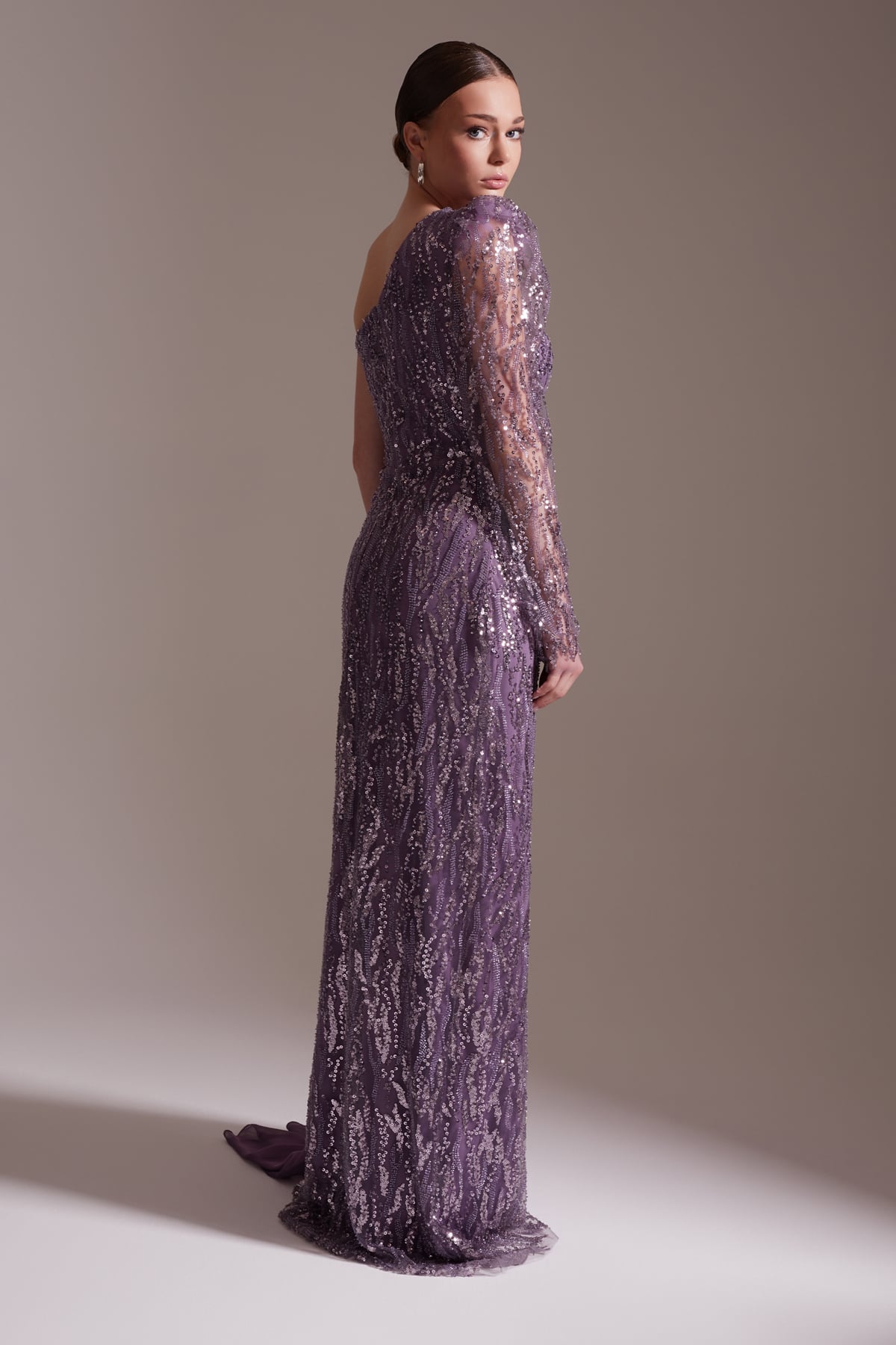 One Shoulder Sequined Chiffon Belted Flower Detailed Long Evening Dress Purple