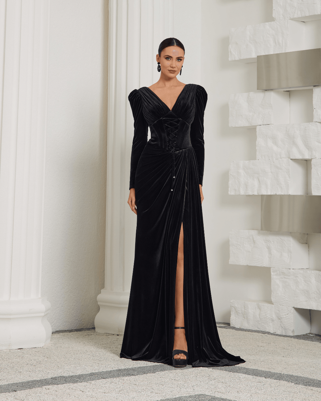 Black Velvet Long Sleeve Evening Dress