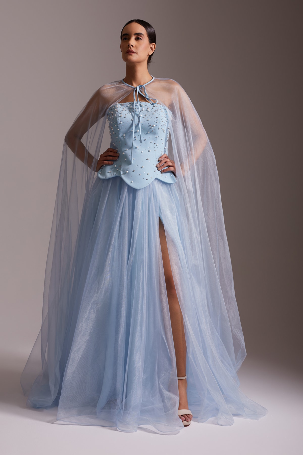 Stone Embroidered Sheer Cape and Slit Tulle Evening Dress Blue