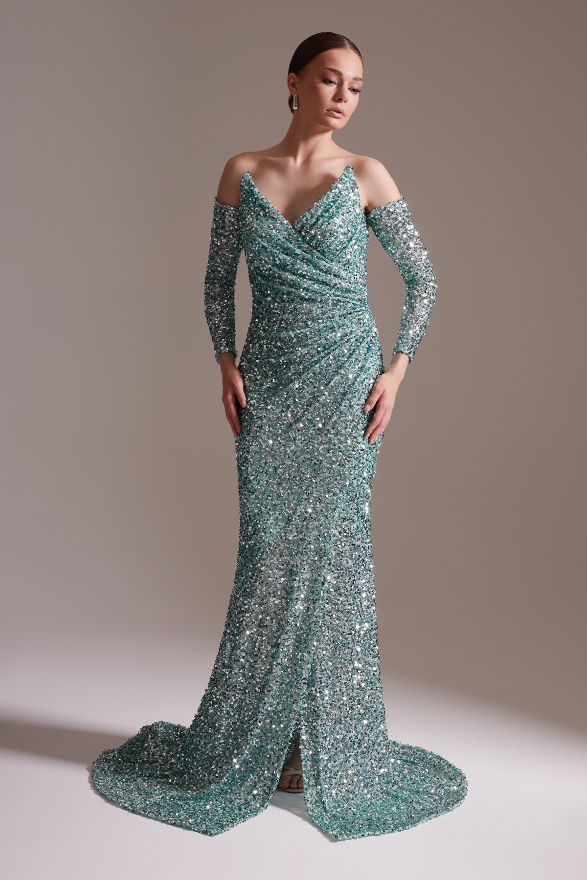 Sequined Off-the-Shoulder Long Evening Dress in Aqua Green